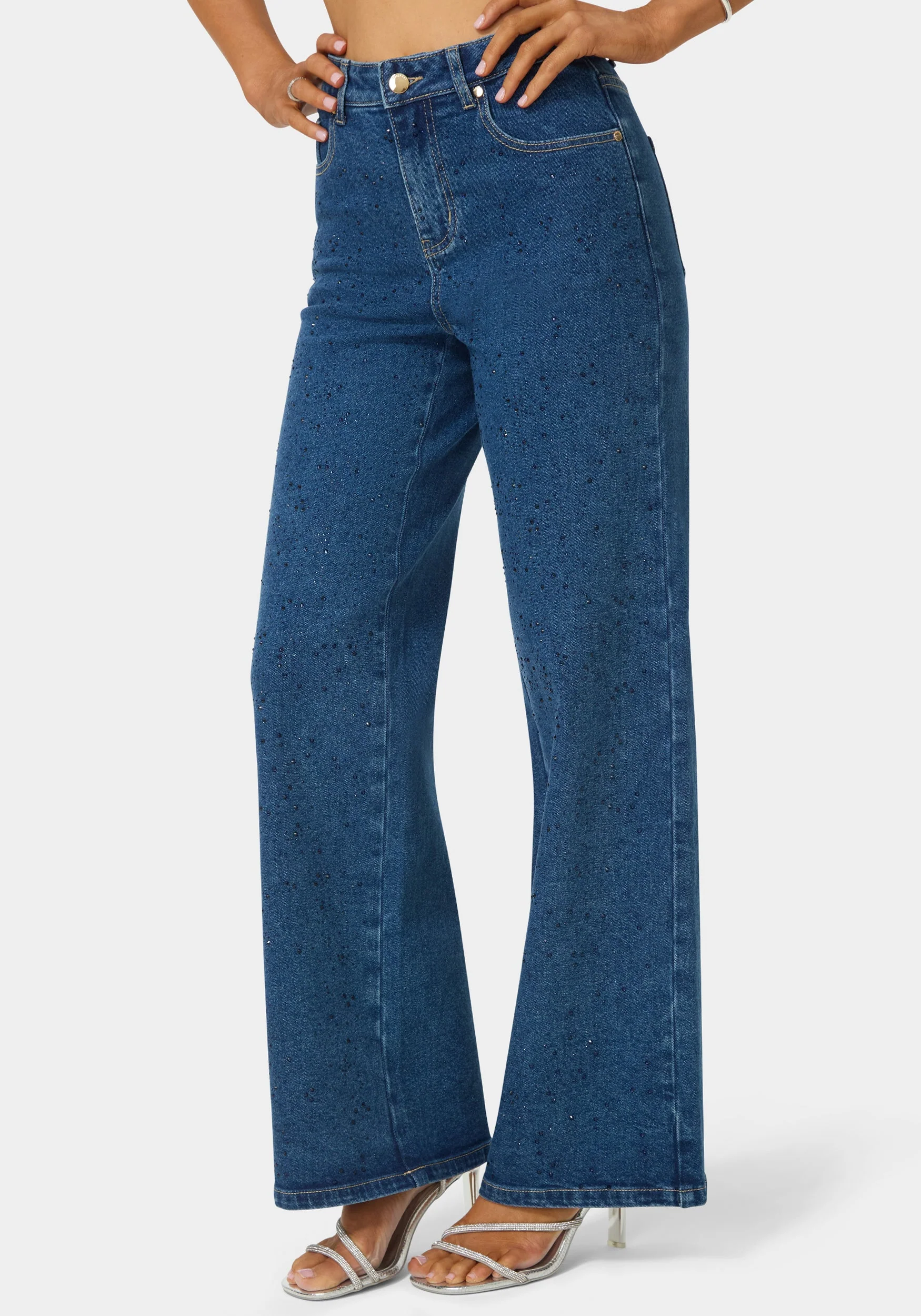 Natural Waist Rhinestone Wide Leg Jeans - Image 3