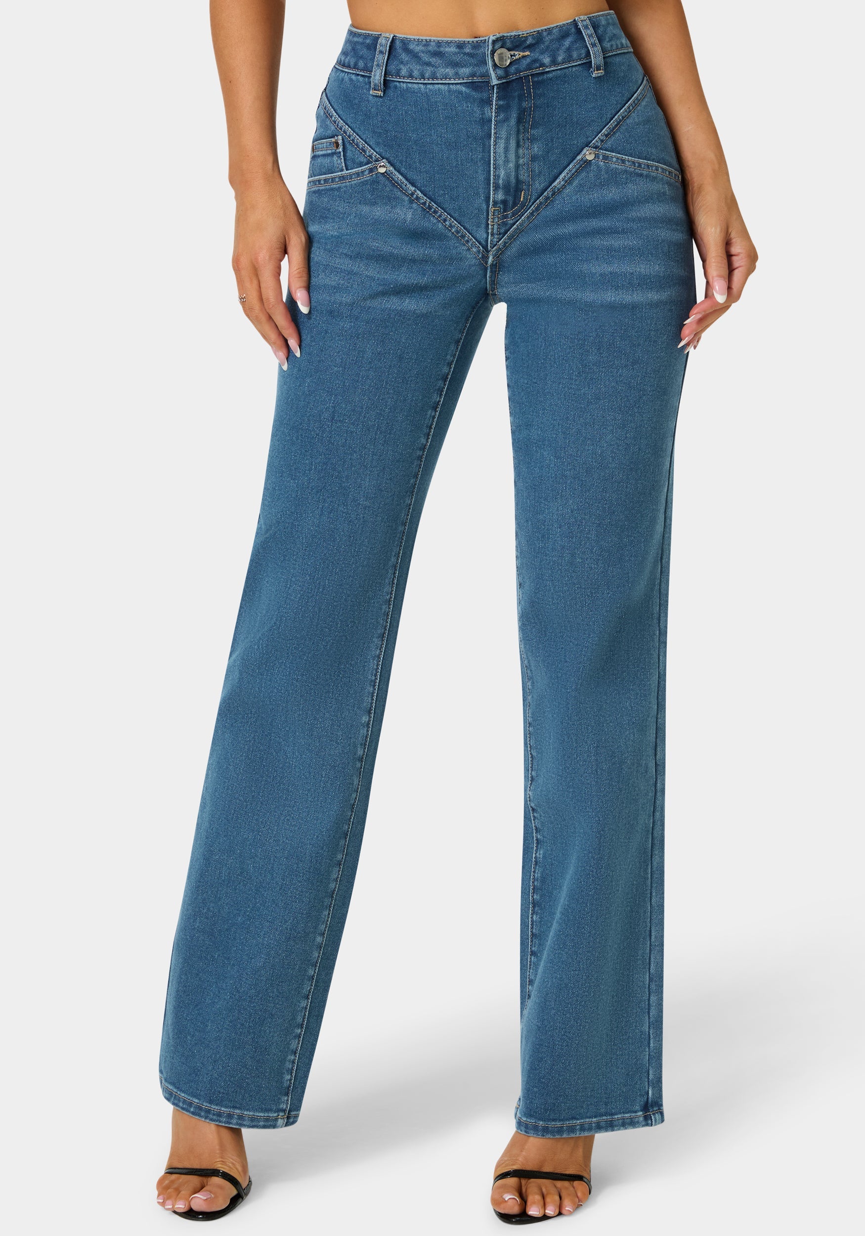Natural Waist V Cut Straight Leg Jeans