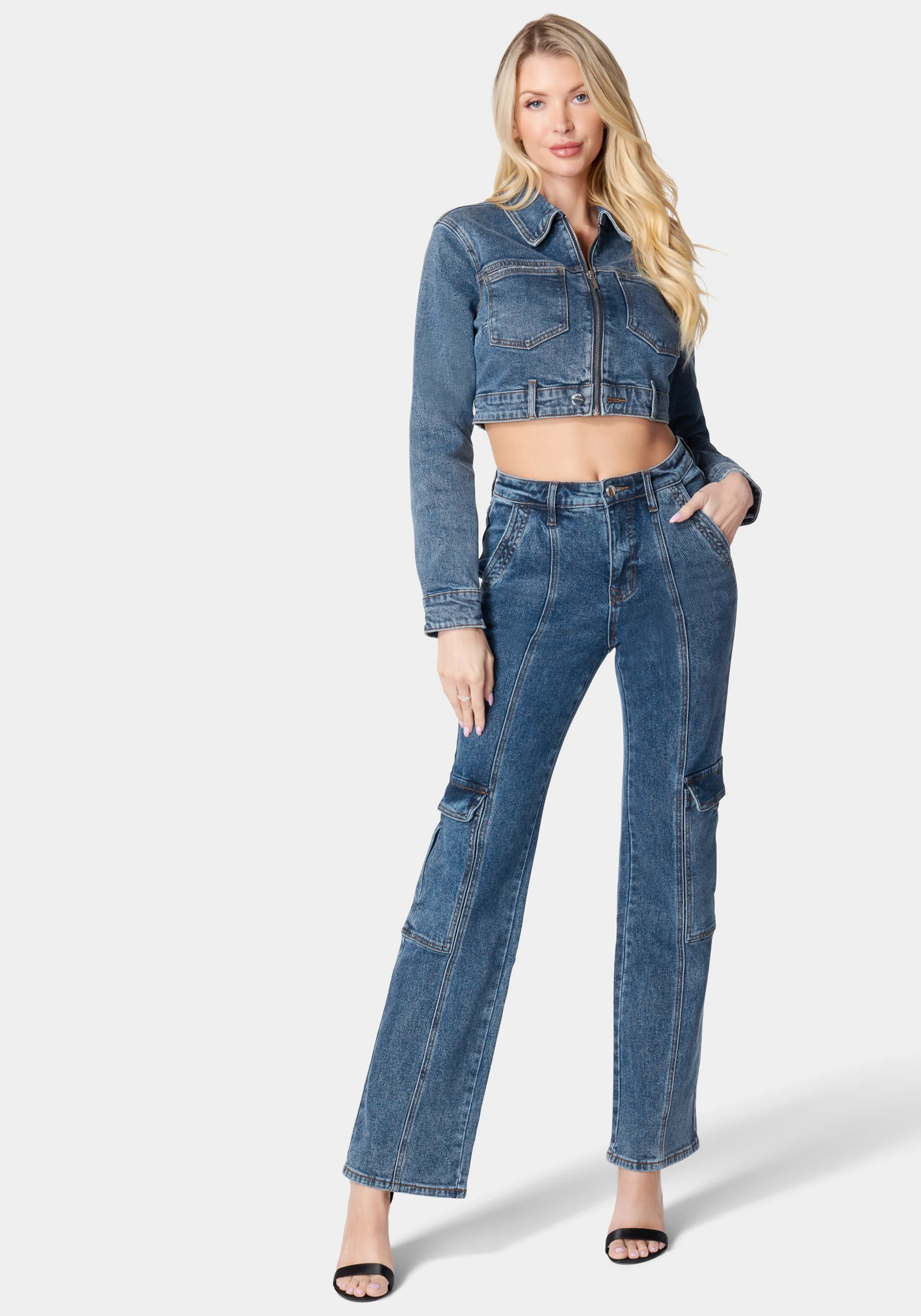 Natural Waist Wide Leg Cargo Denim Jeans - Image 3