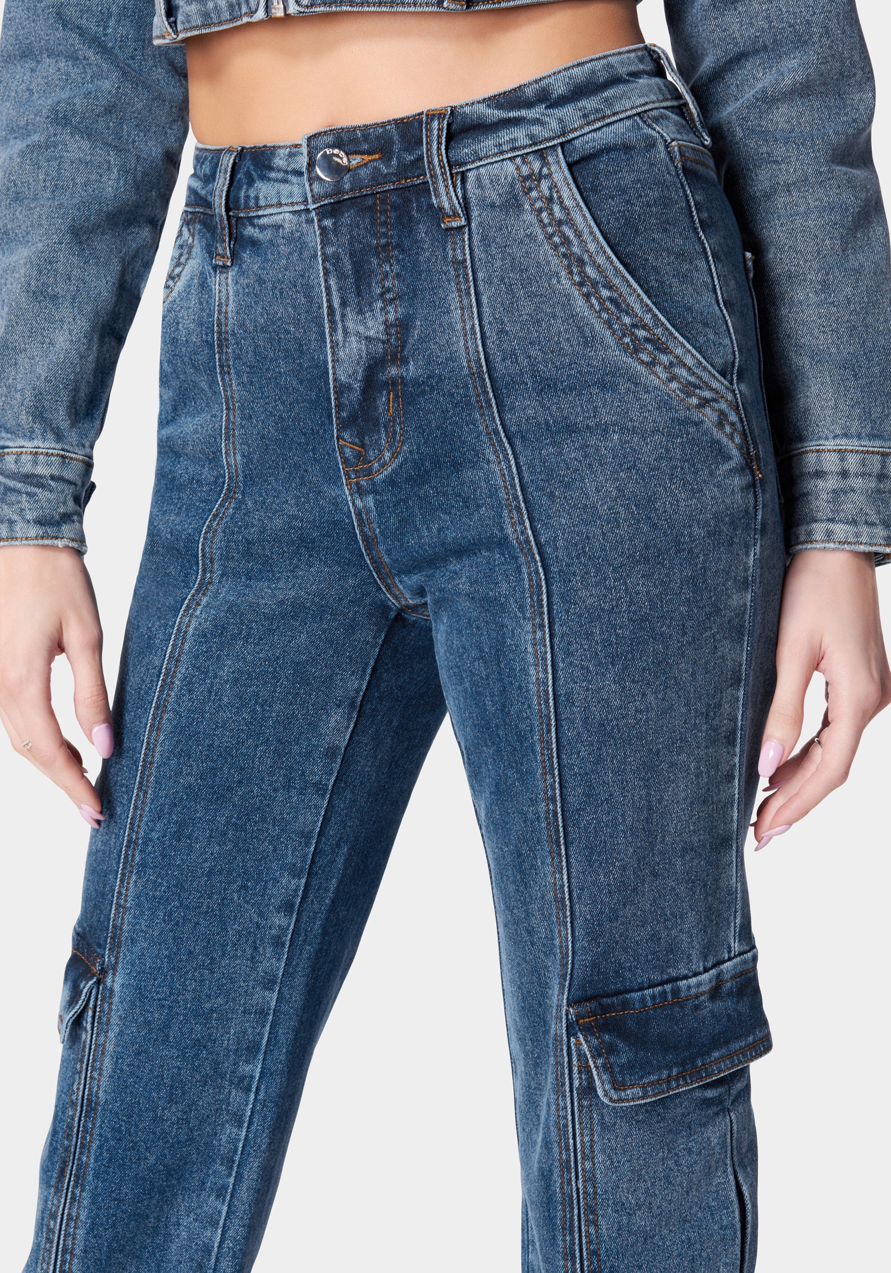 Natural Waist Wide Leg Cargo Denim Jeans - Image 4