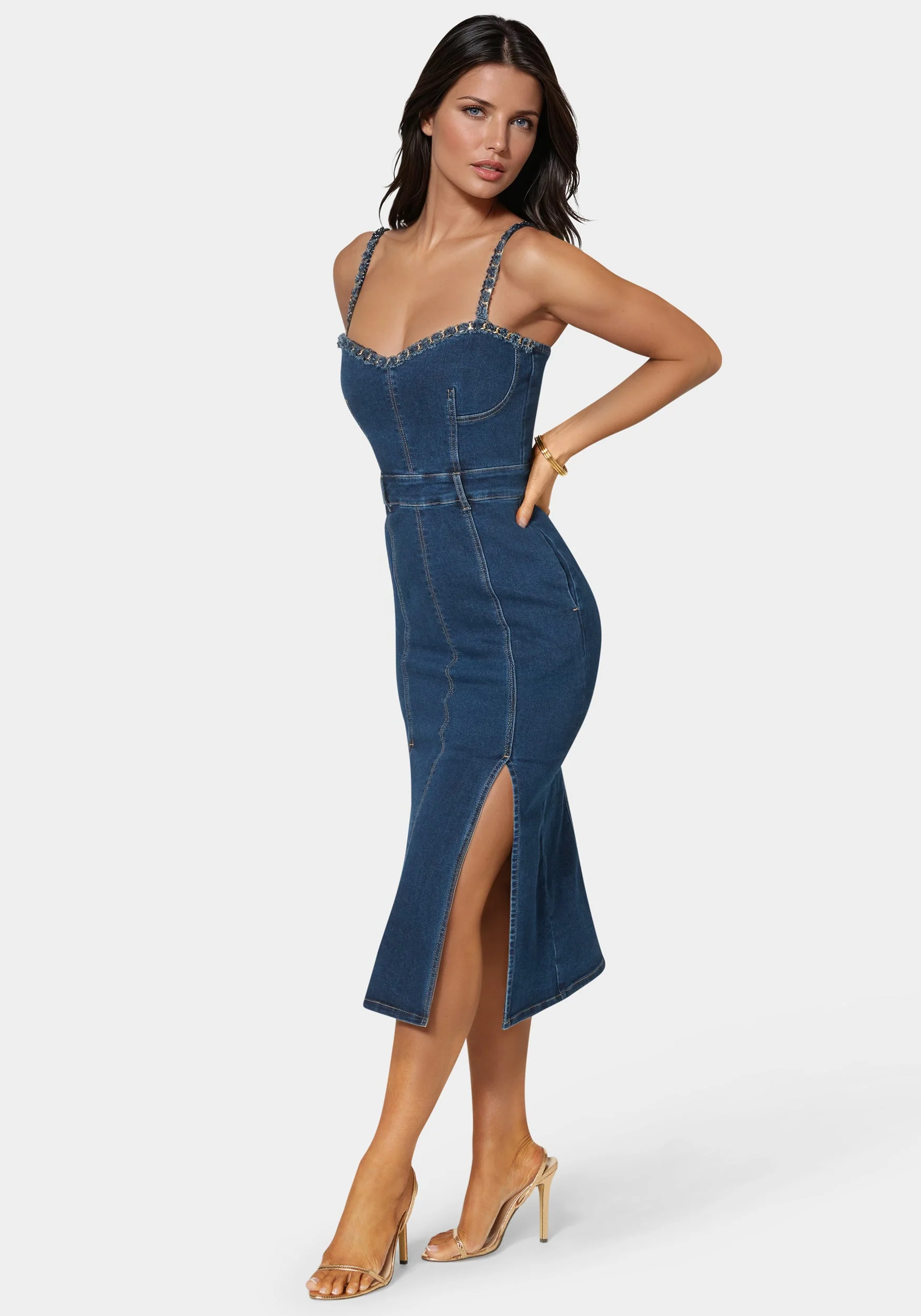Neckline Chain Trim Midi Denim Dress - Image 2