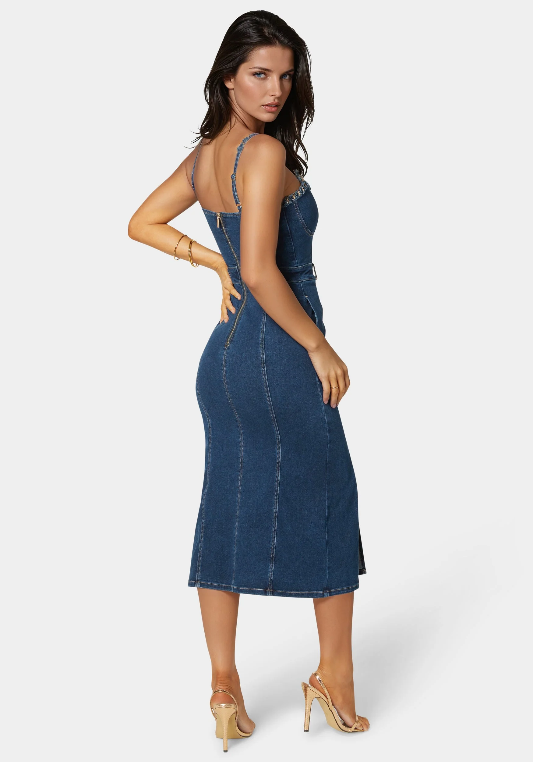 Neckline Chain Trim Midi Denim Dress - Image 4