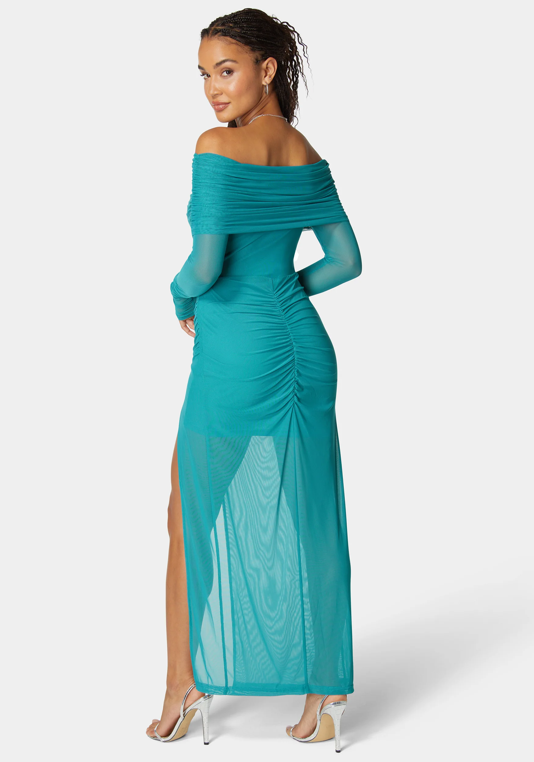 Off Shoulder Asymmetrical Mesh Gown - Image 3
