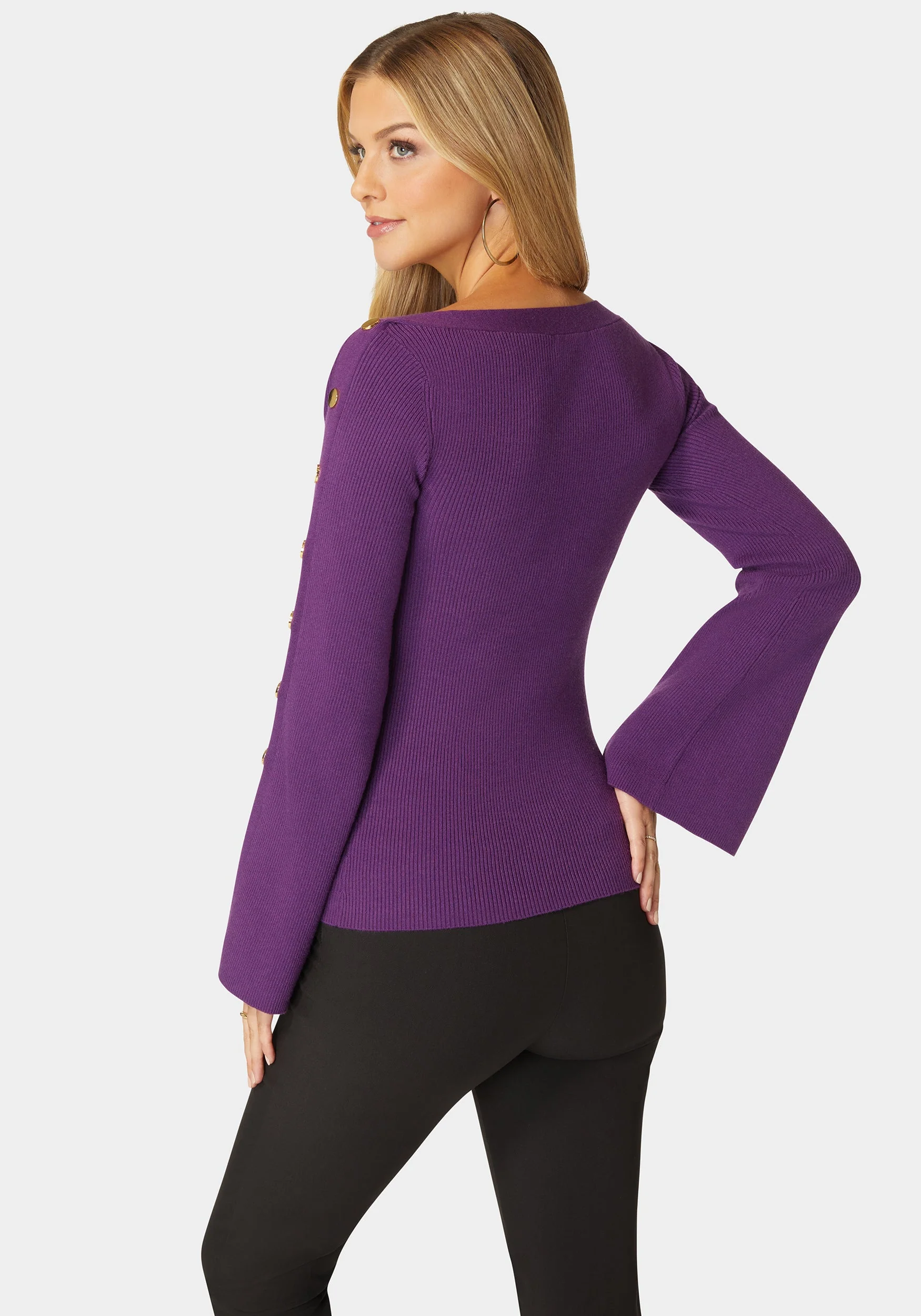 Off Shoulder Bateau Snapped Slit Sweater - Image 3