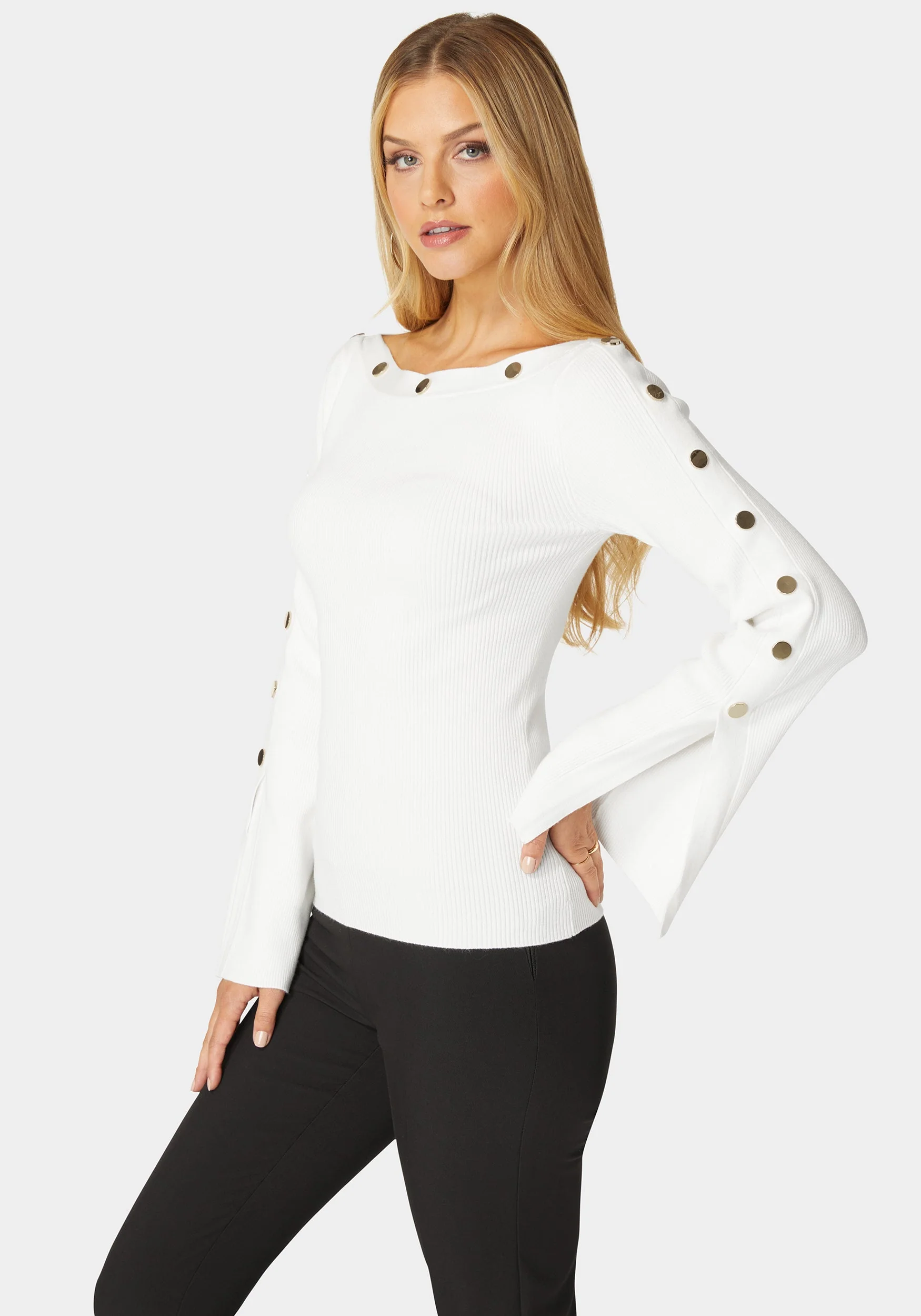 Off Shoulder Bateau Snapped Slit Sweater - Image 2