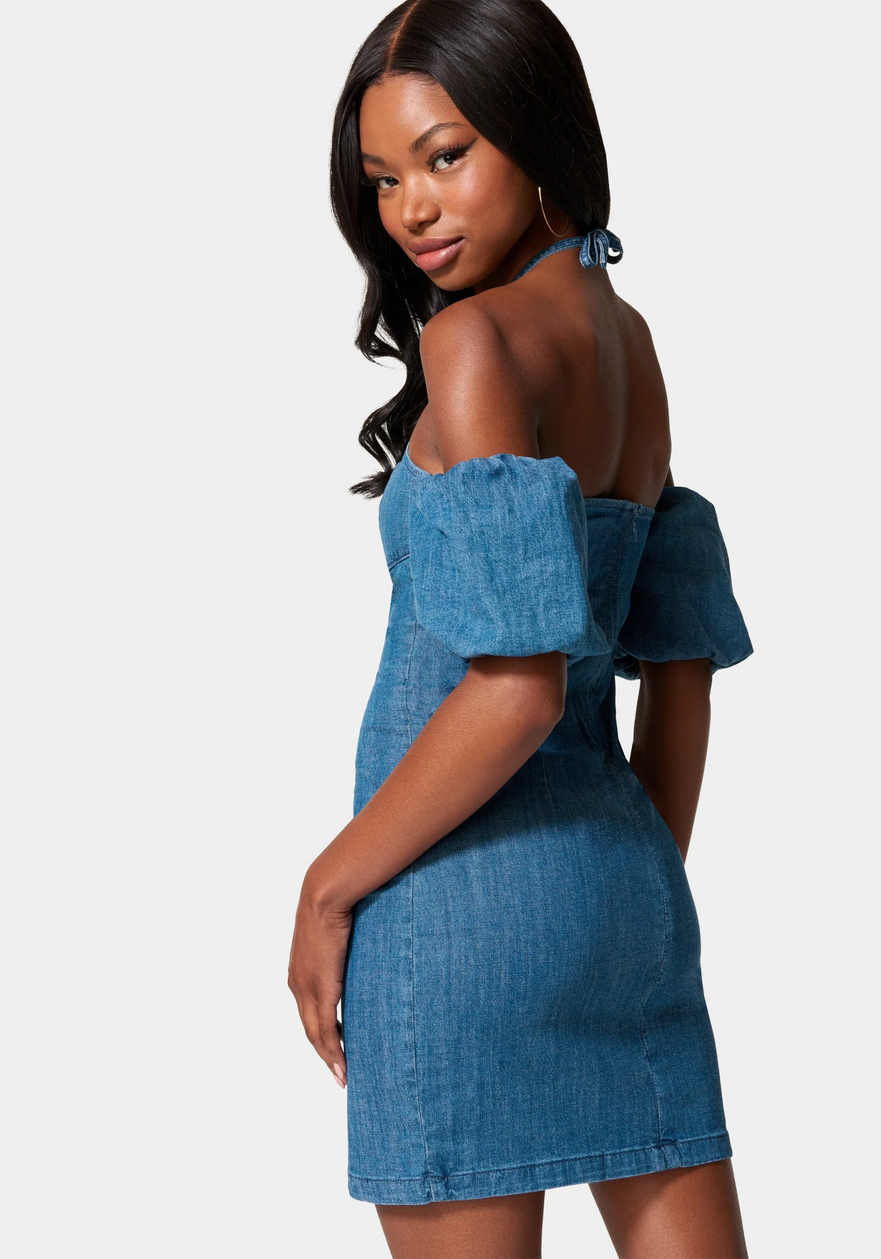 Off Shoulder Bubble Sleeve Denim Dress - Image 3