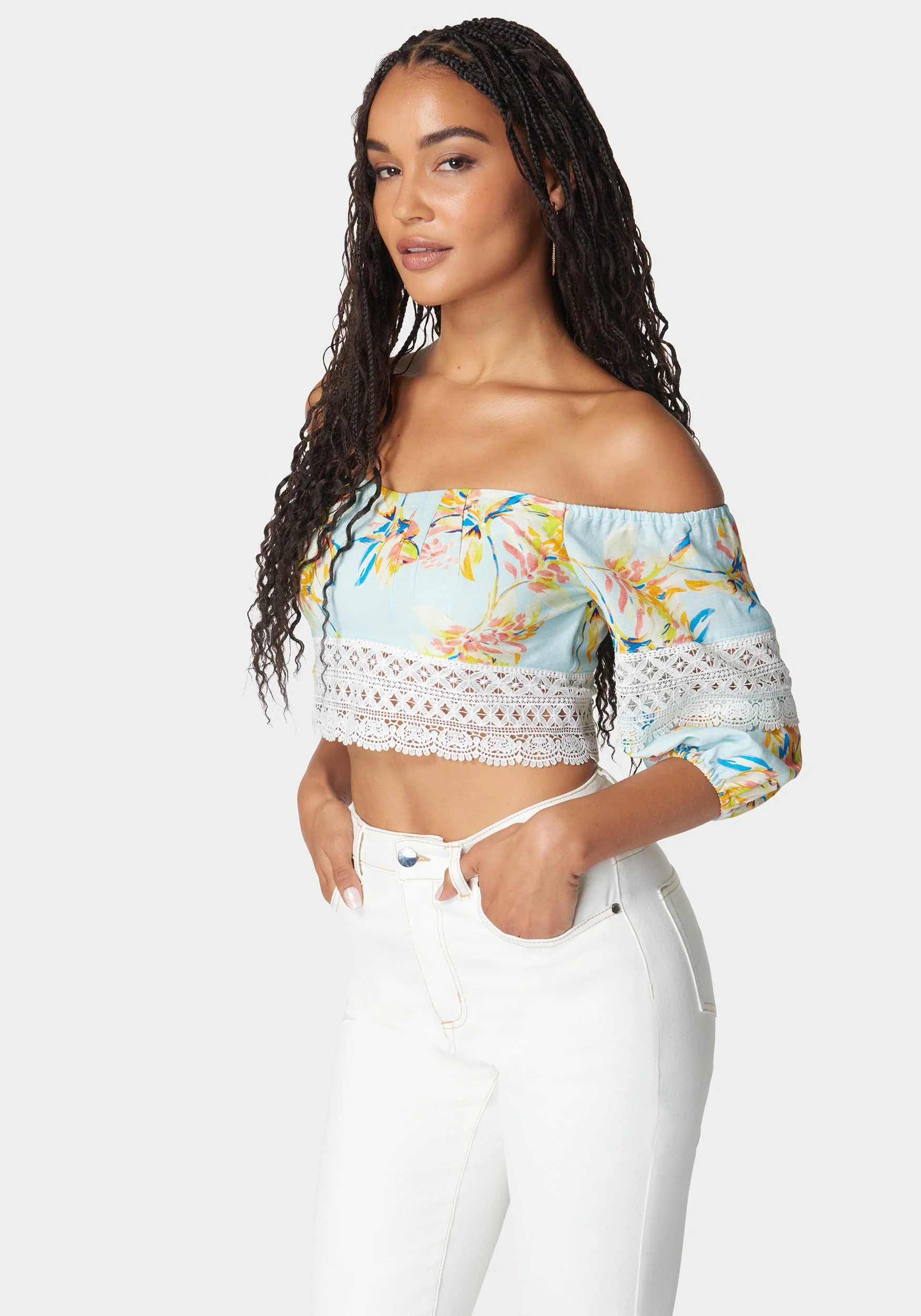 Off Shoulder Crochet Lace Detail Linen Top - Image 2