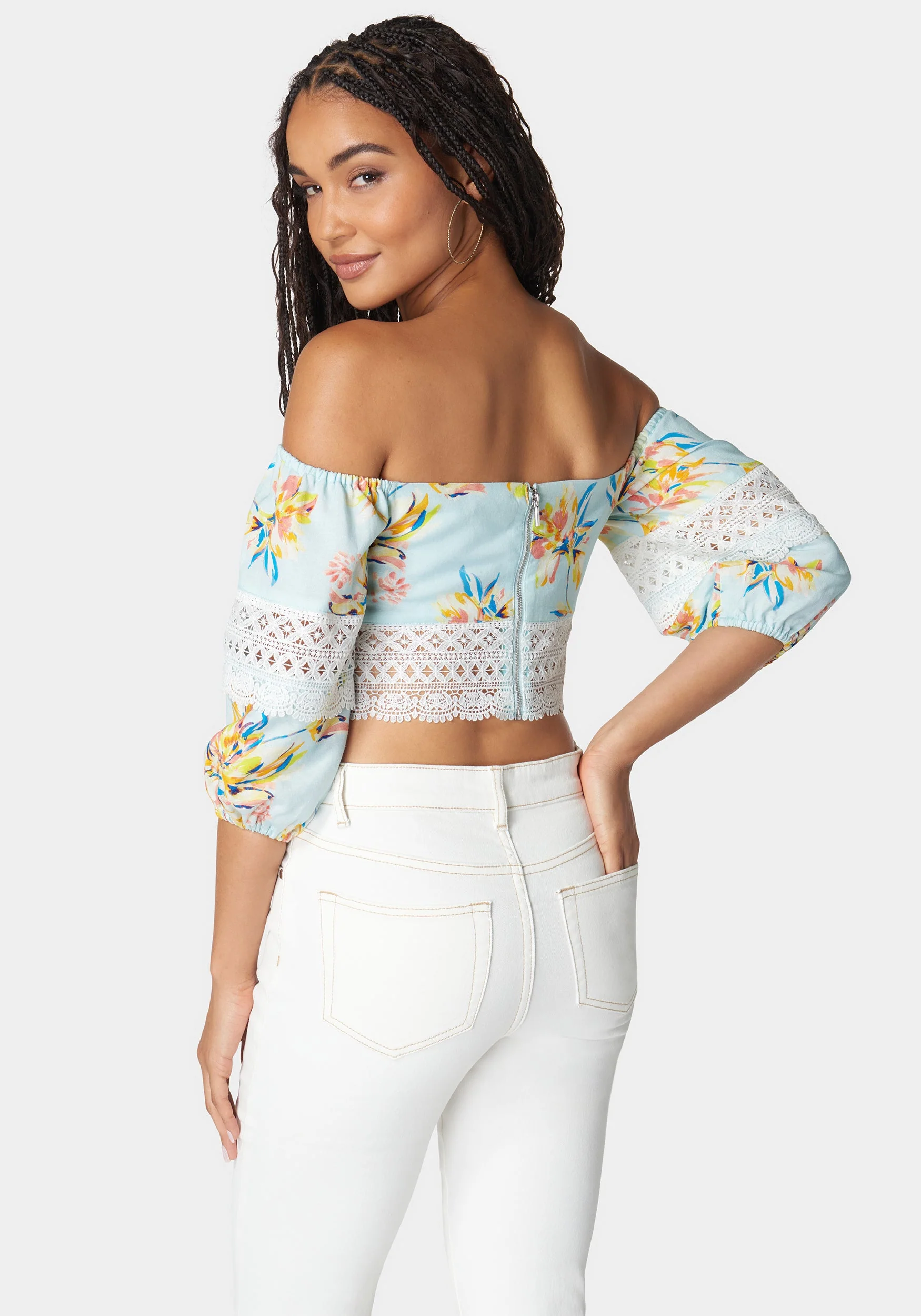 Off Shoulder Crochet Lace Detail Linen Top - Image 3