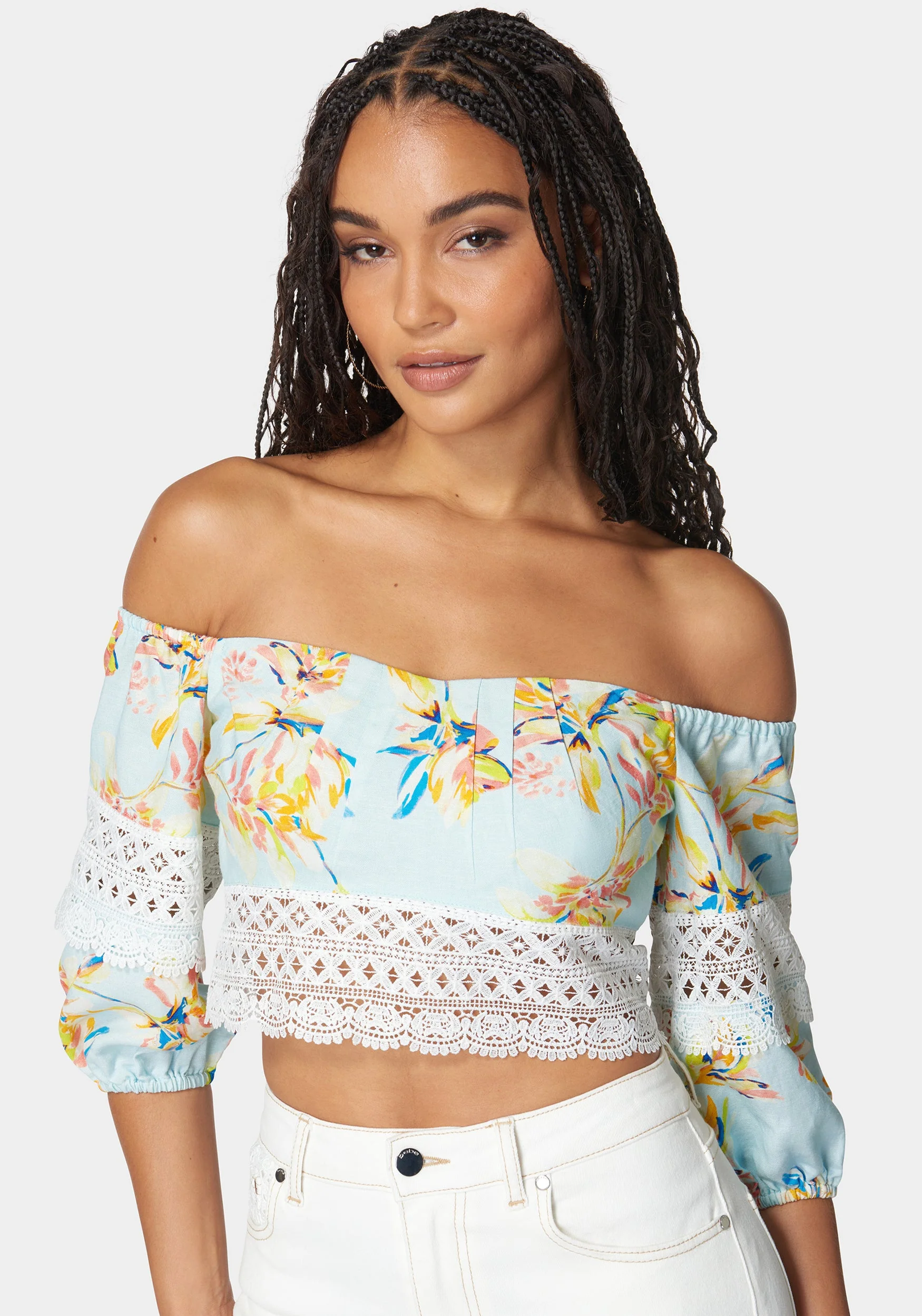 Off Shoulder Crochet Lace Detail Linen Top - Image 4
