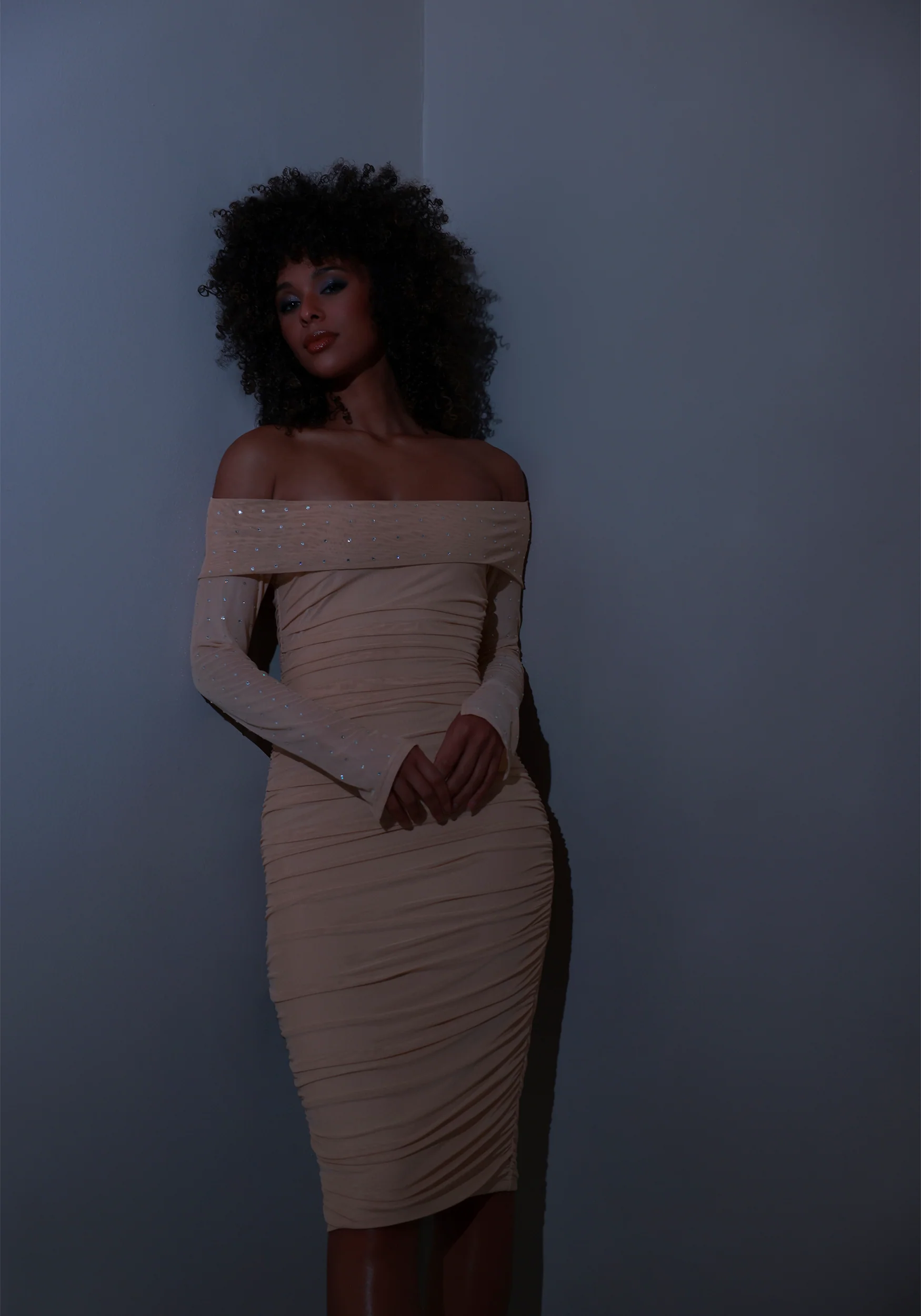 bebe Off Shoulder Mesh Midi Dress Embellished With Crystals by Swarovski - Image 3