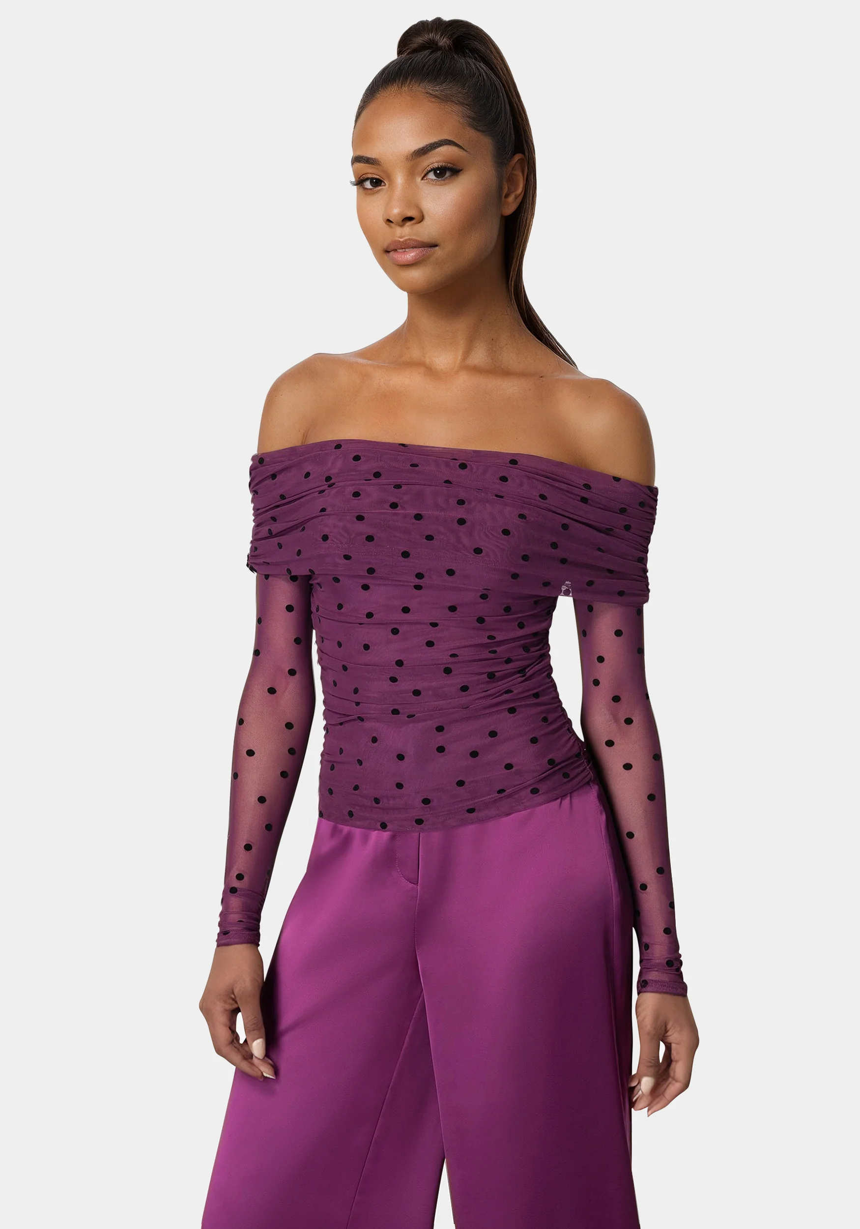 Off Shoulder Flocked Mesh Top - Image 3