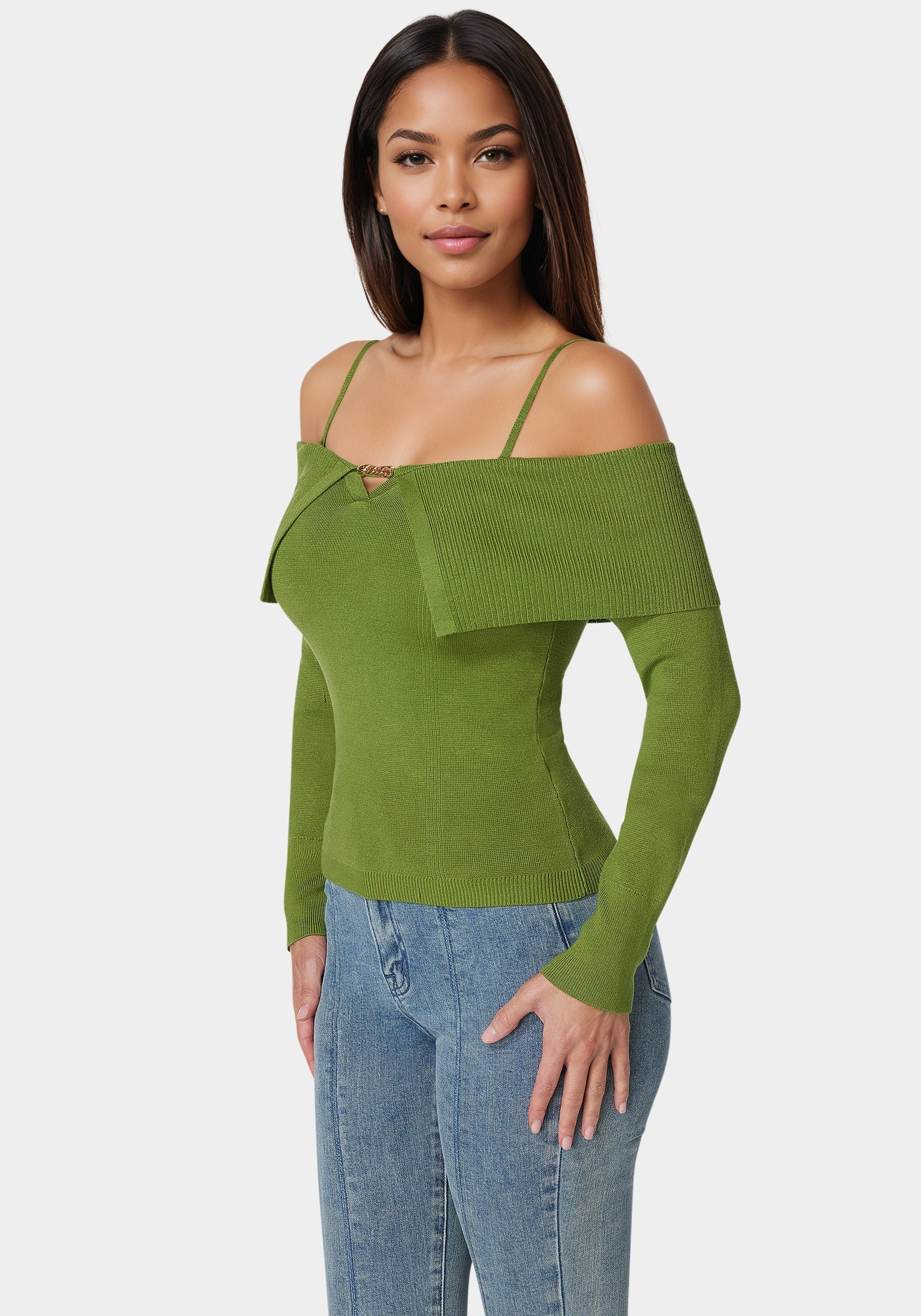 Off Shoulder Fold Over Chain Detail Sweater - Image 2