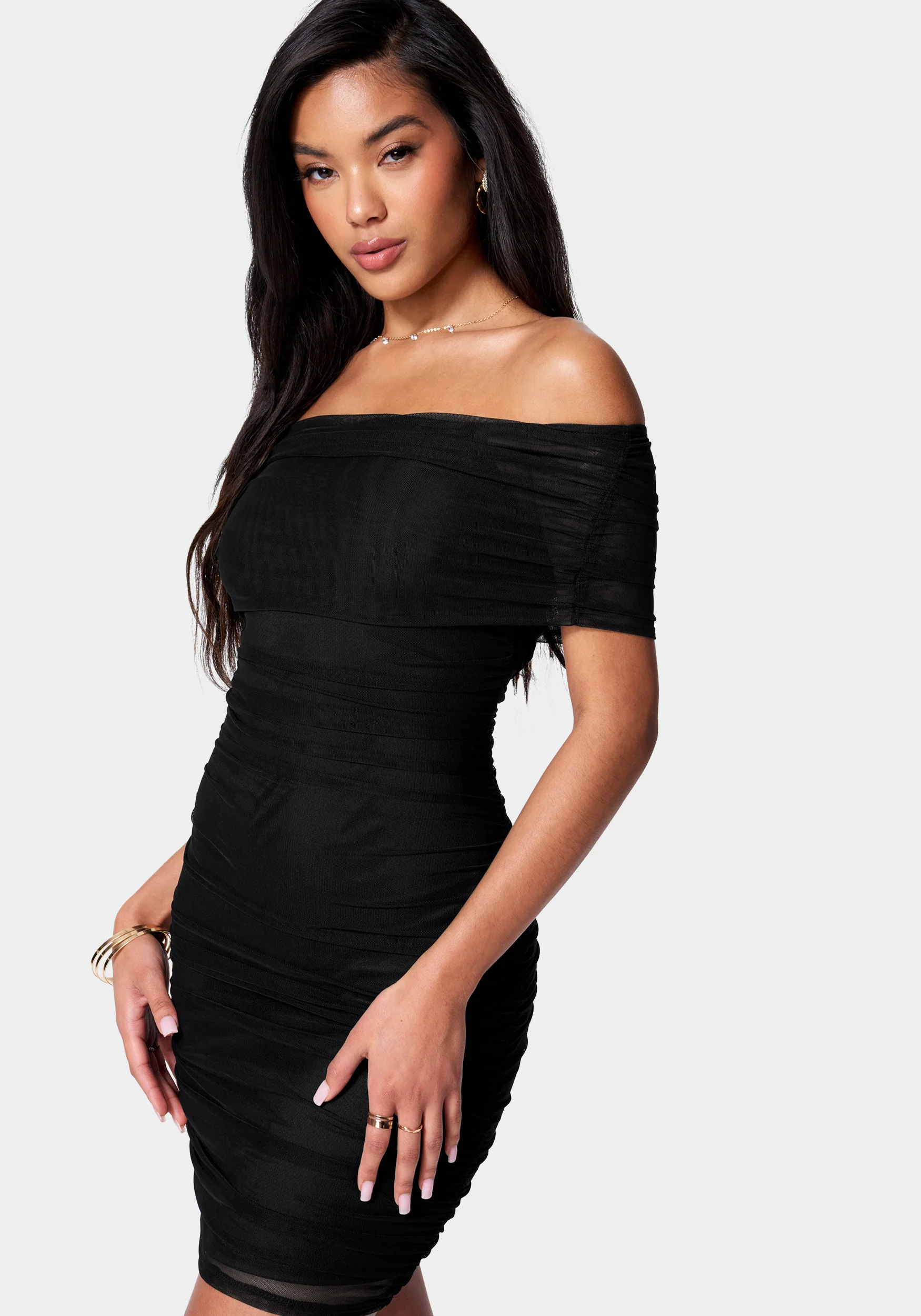 Off Shoulder Mesh Ruched Dress - Image 2