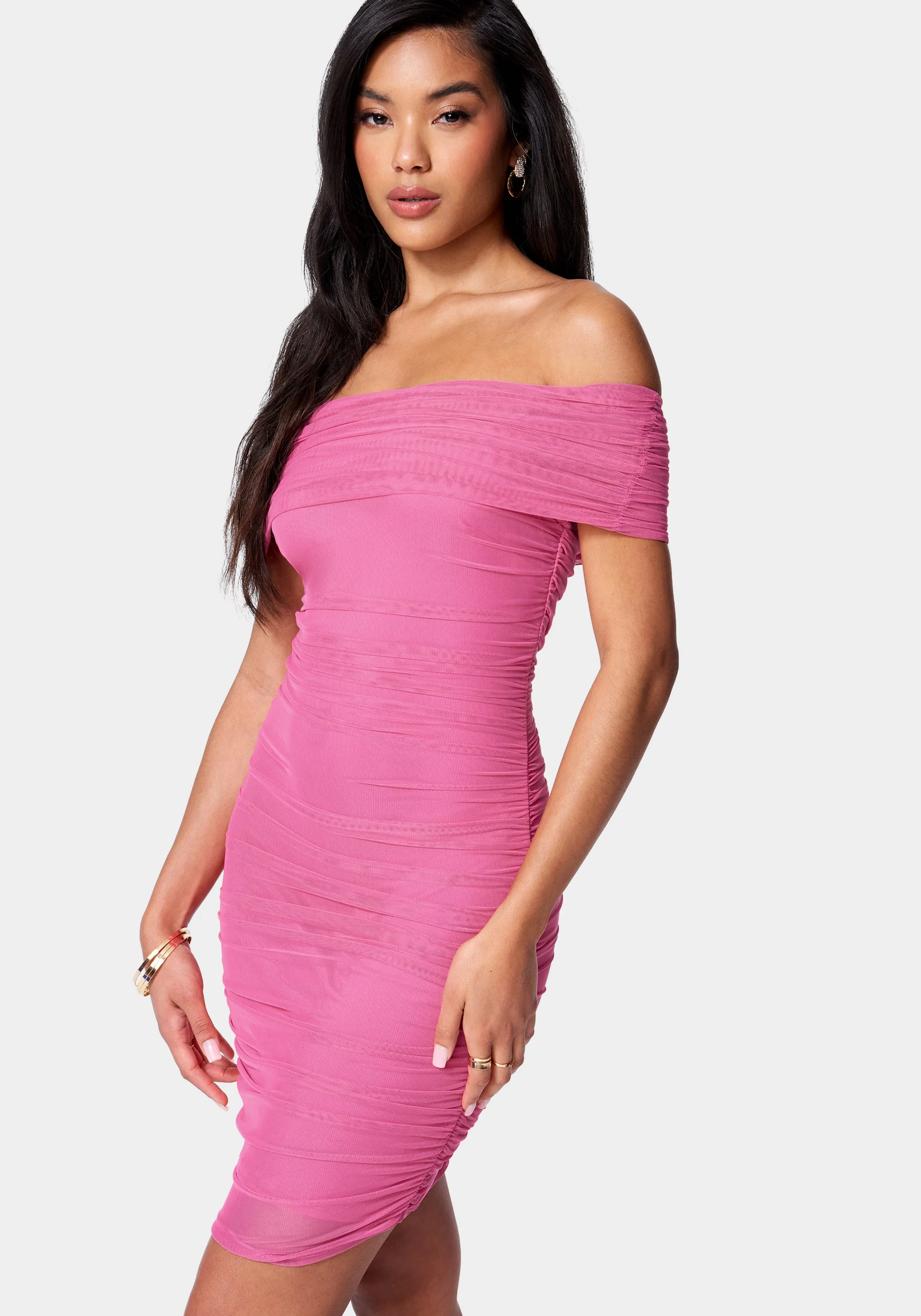 Off Shoulder Mesh Ruched Dress - Image 2