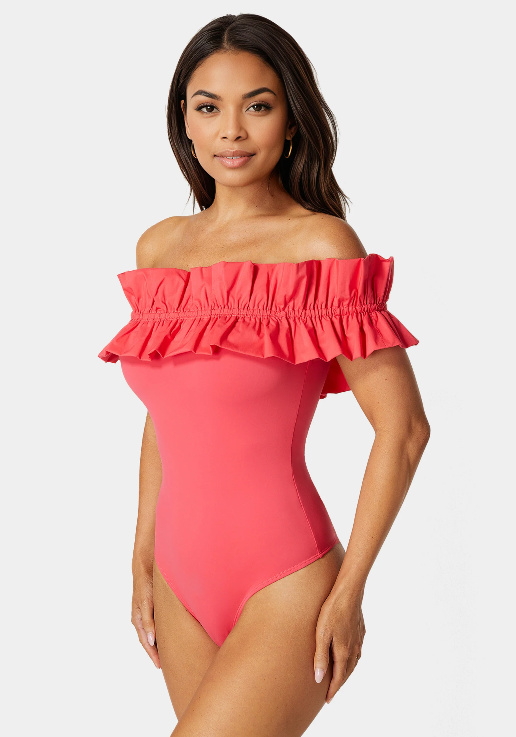 Off Shoulder Poplin Ruffle Knit Bodysuit - Image 2