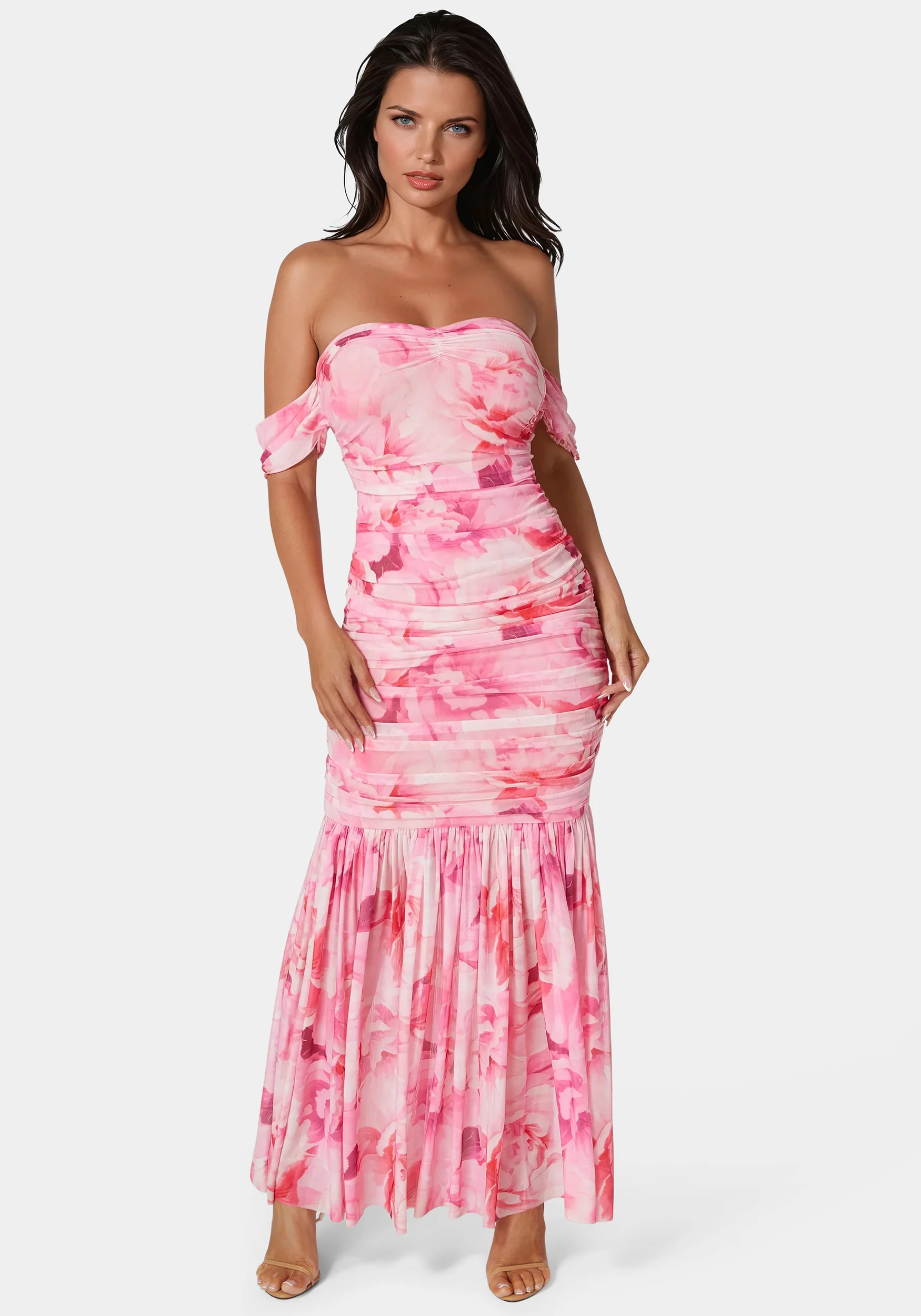 Off Shoulder Ruched Mesh Gown