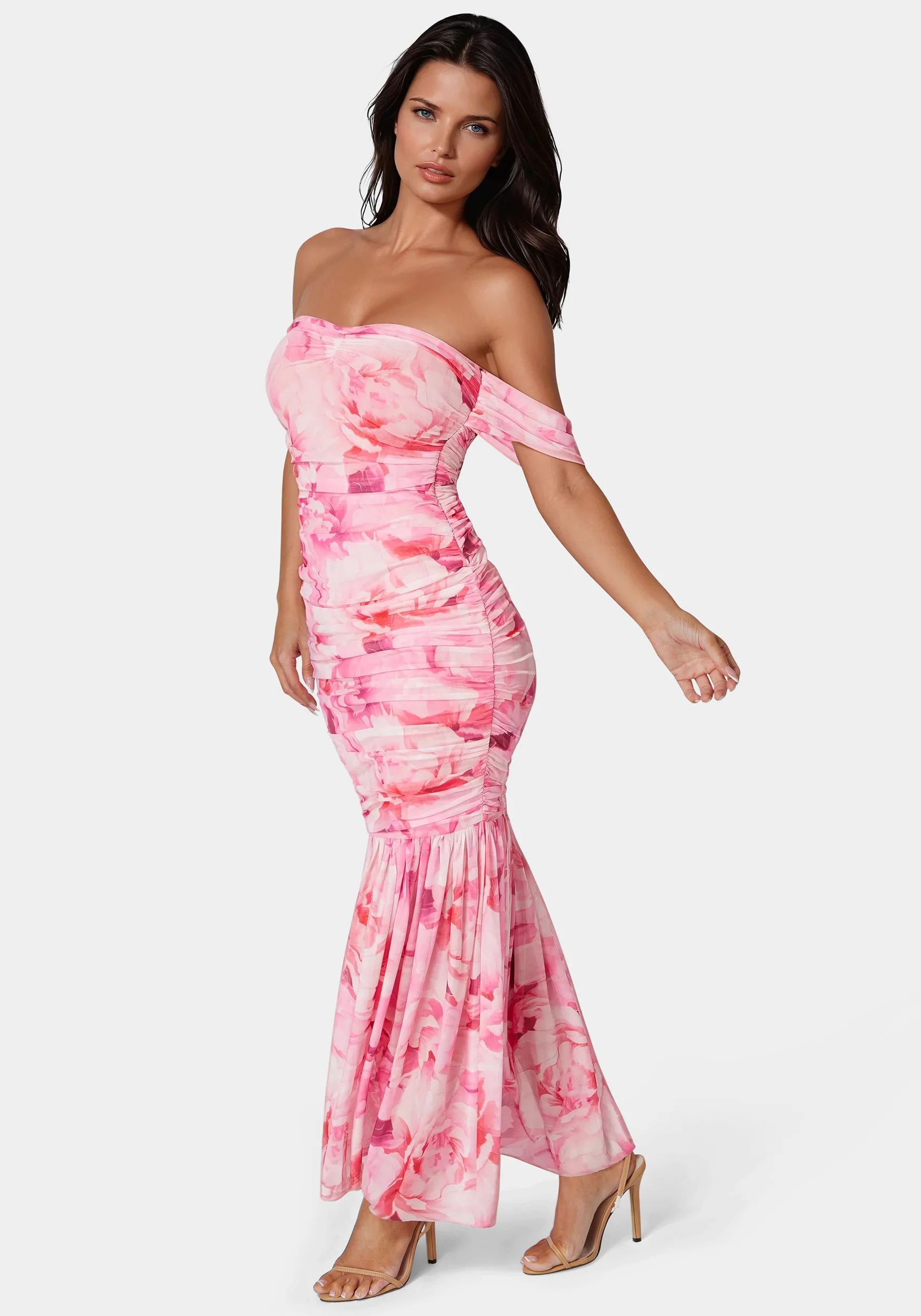 Off Shoulder Ruched Mesh Gown - Image 2
