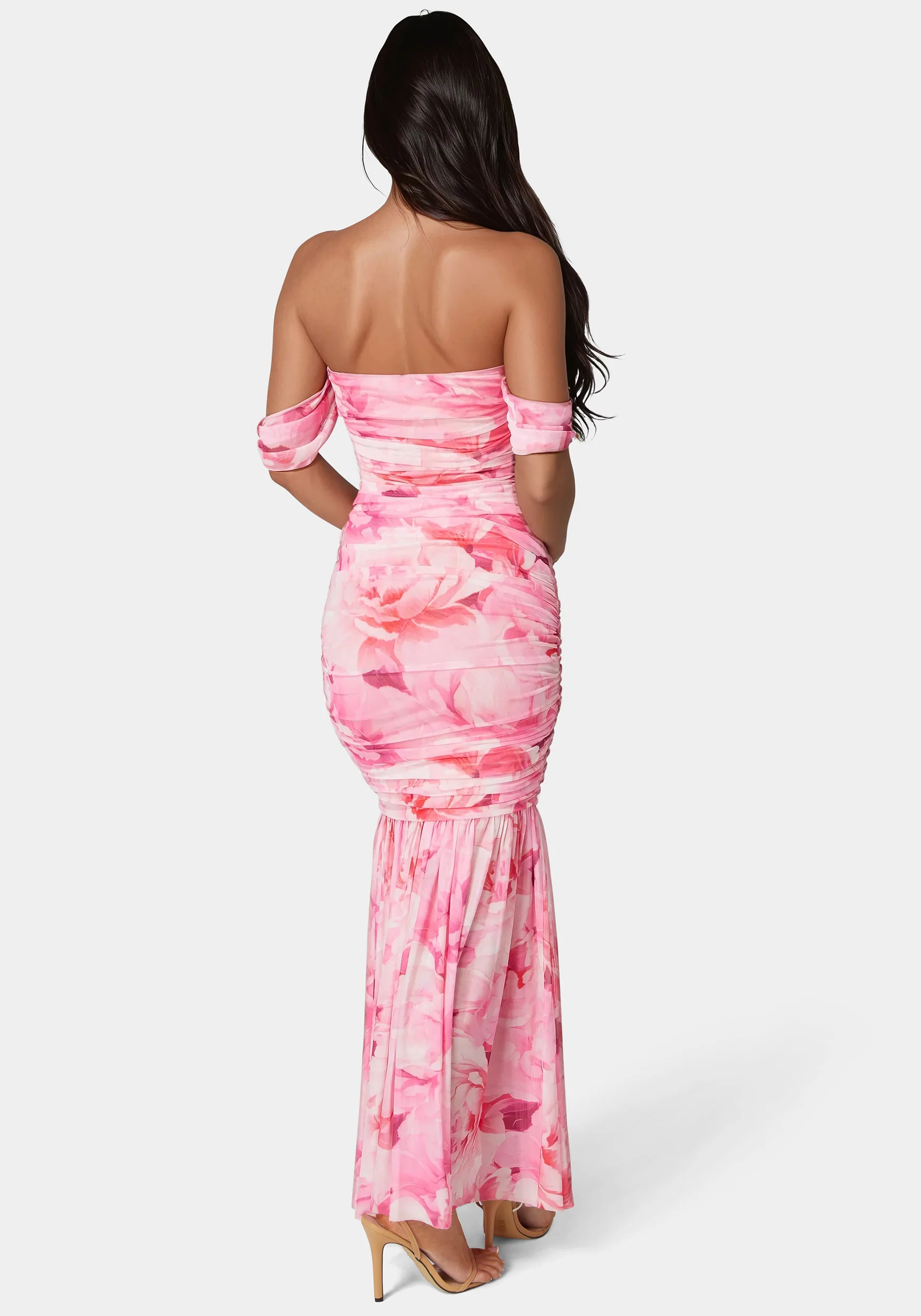 Off Shoulder Ruched Mesh Gown - Image 3