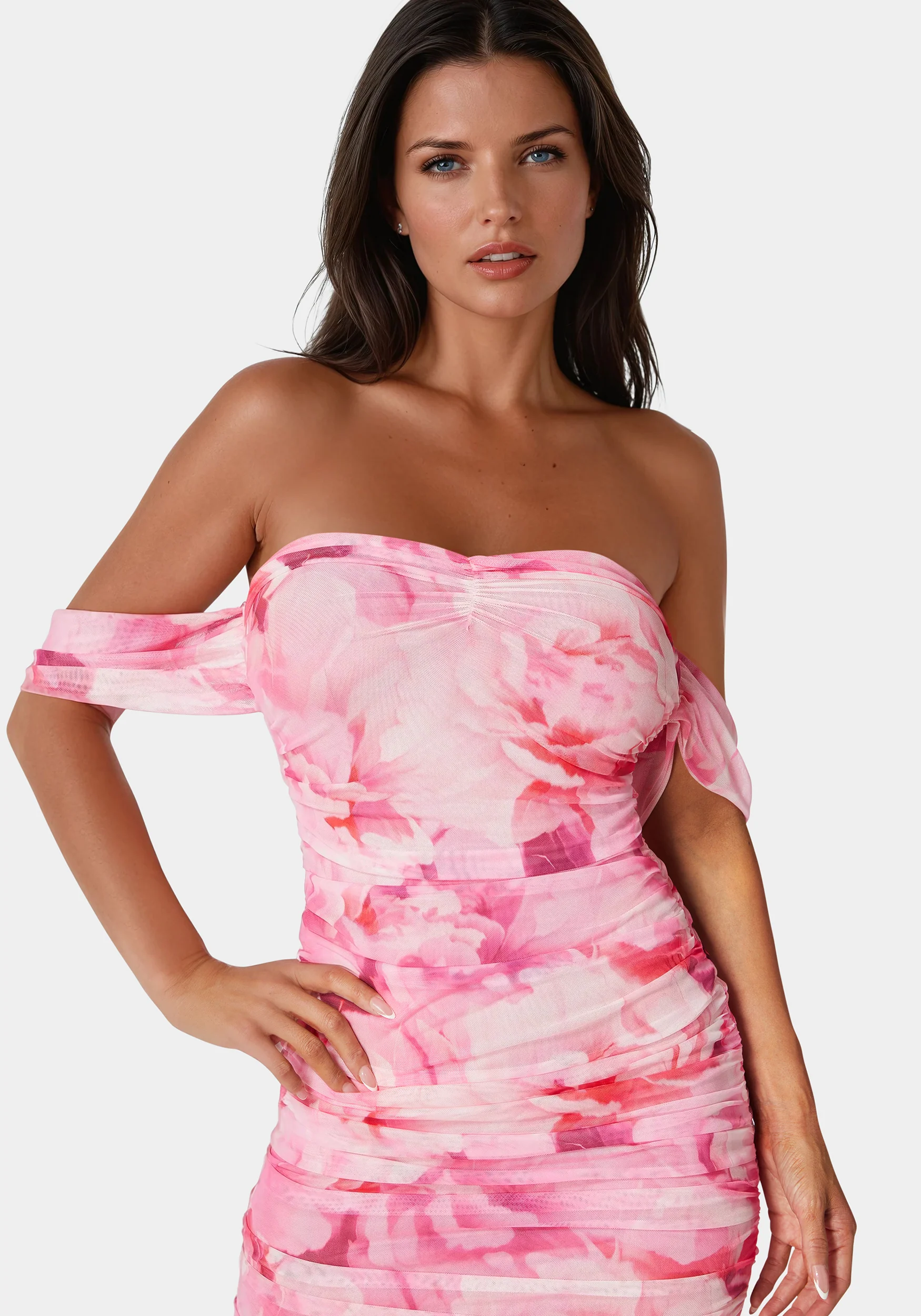 Off Shoulder Ruched Mesh Gown - Image 4