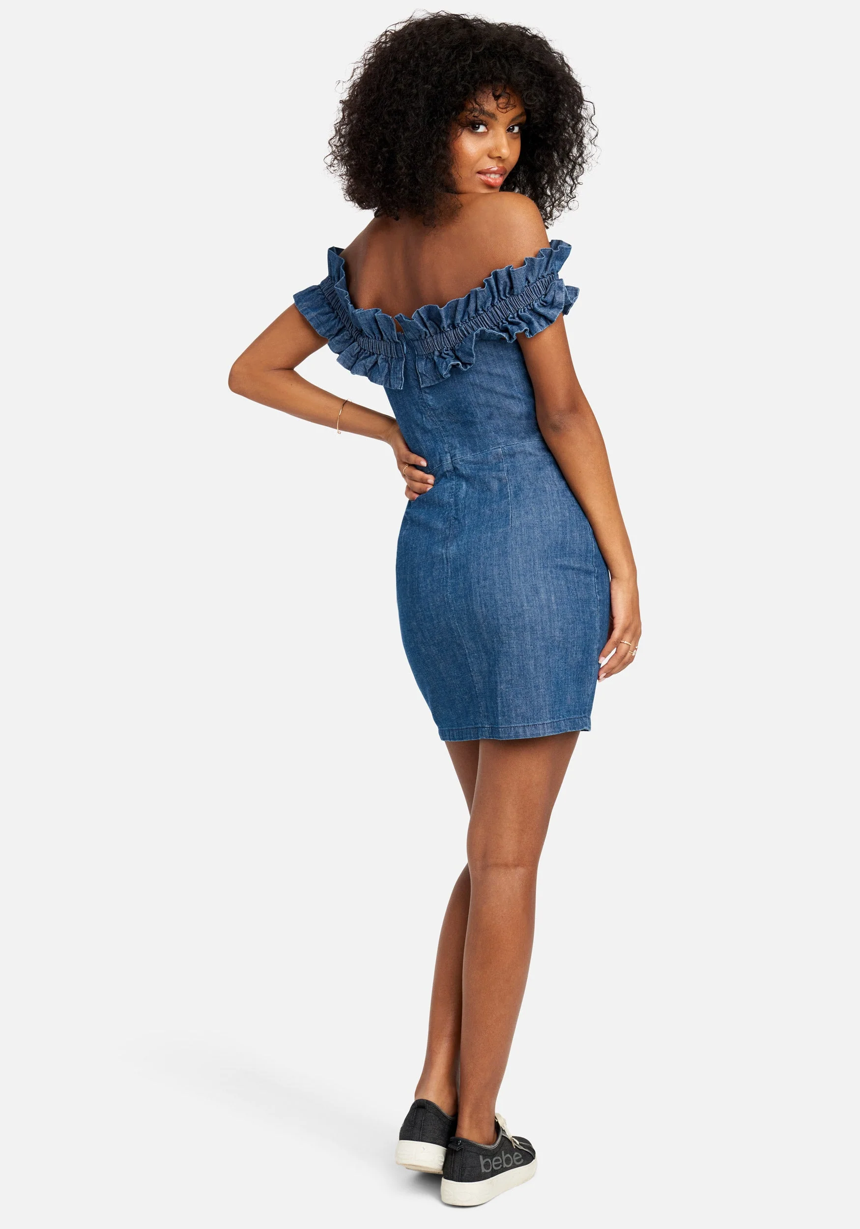 Off Shoulder Ruffle Detail Denim Dress - Image 3