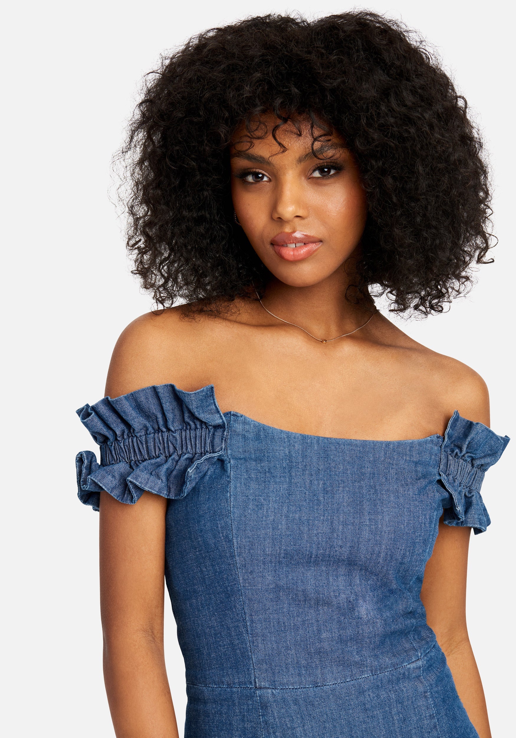 Off Shoulder Ruffle Detail Denim Dress - Image 4