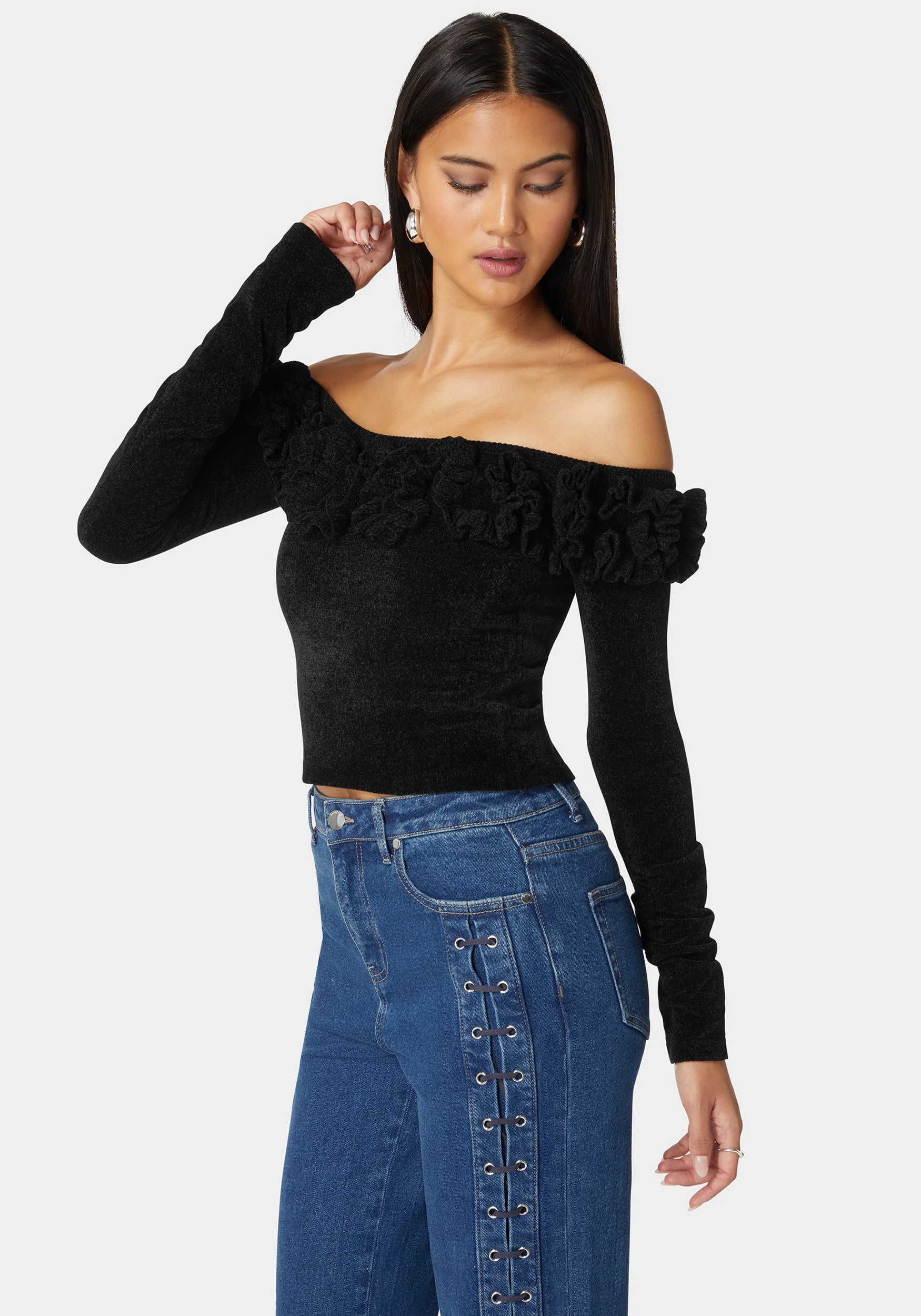 Off Shoulder Ruffle Detail Sweater - Image 2