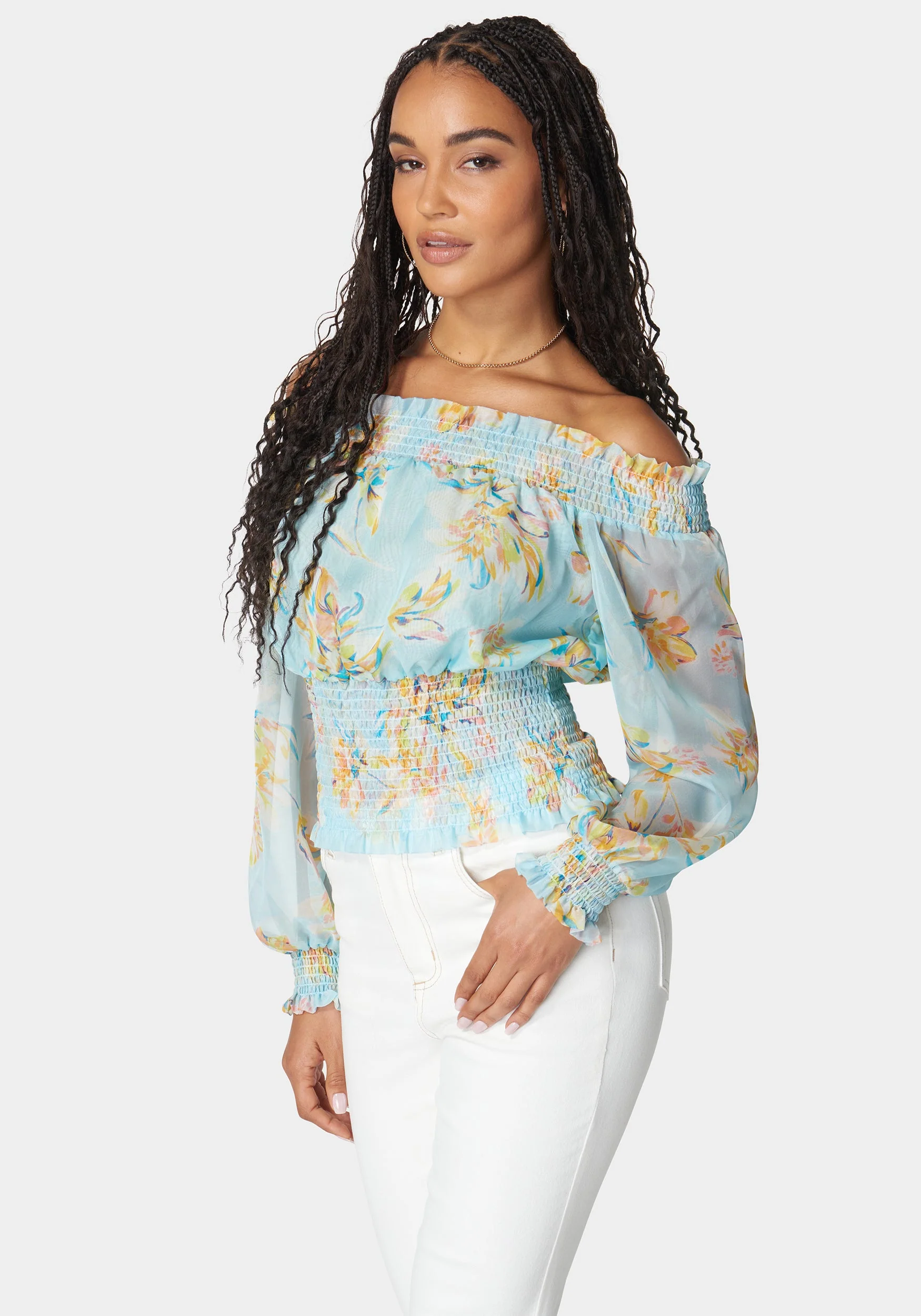 Off Shoulder Smocked Chiffon Blouse - Image 2