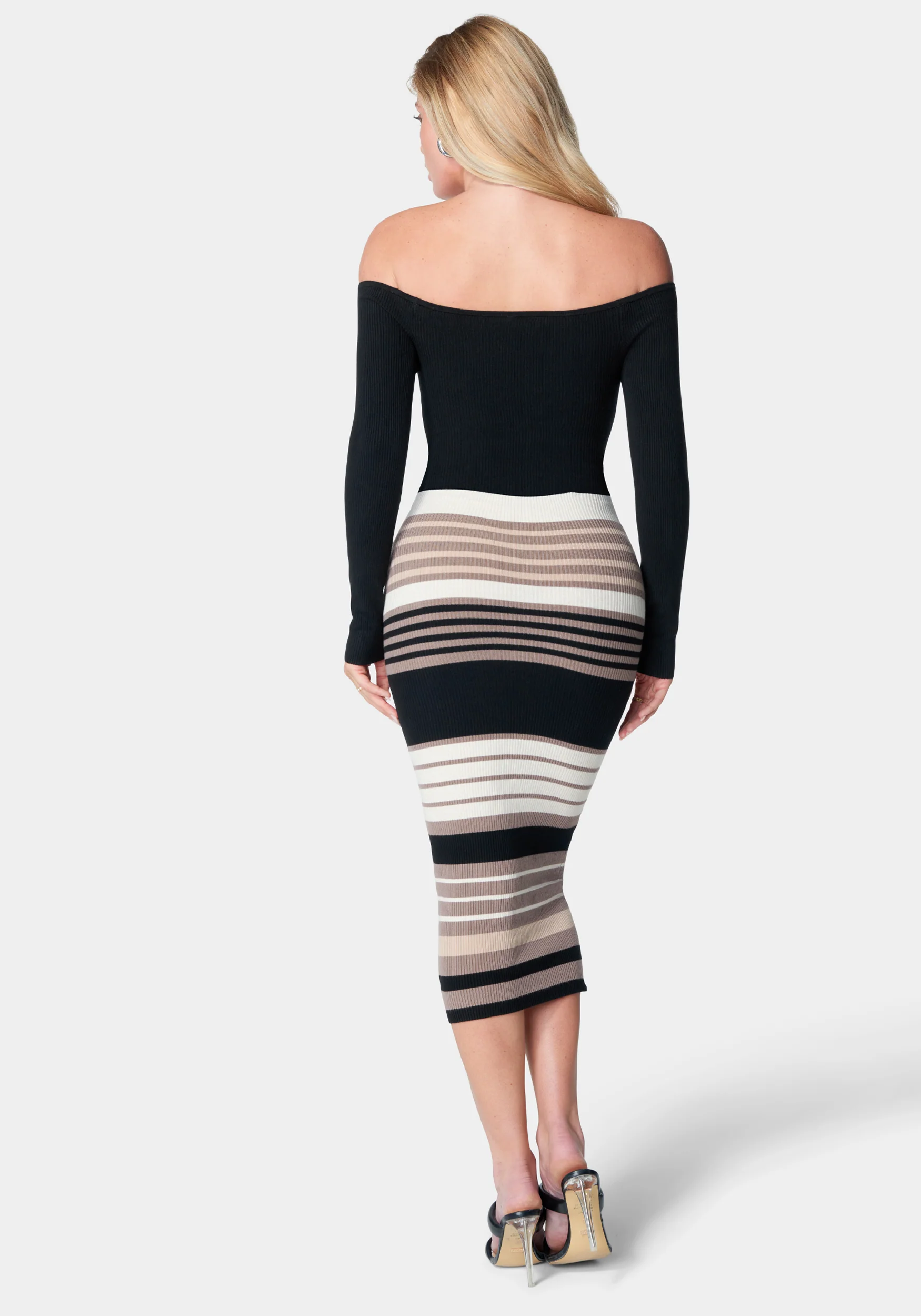 Off Shoulder Stripe Midi Dress - Image 3