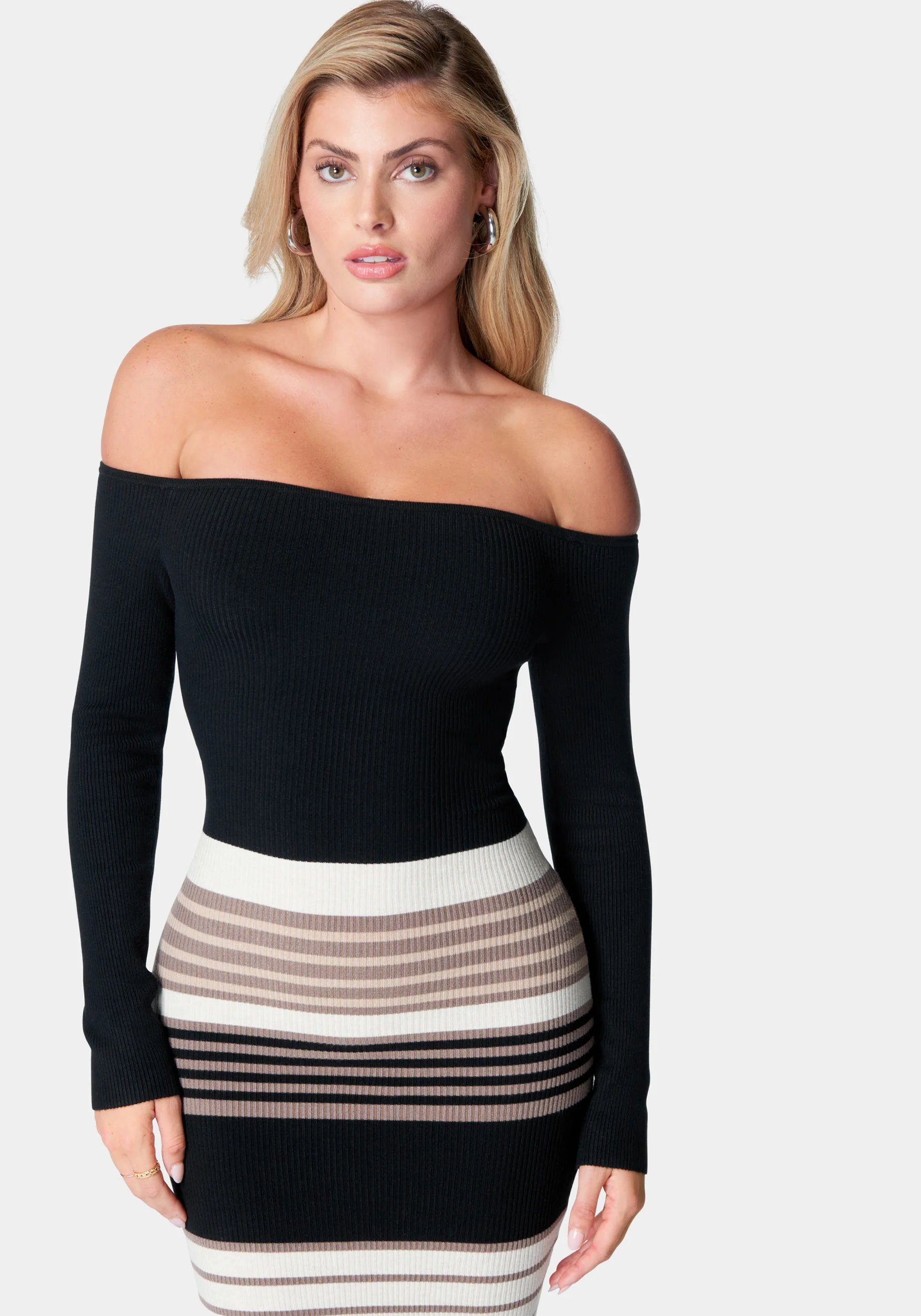 Off Shoulder Stripe Midi Dress - Image 4
