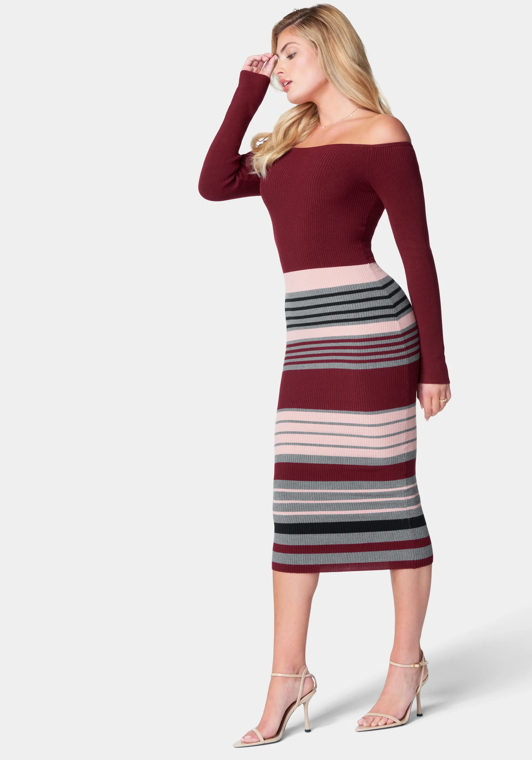 Off Shoulder Stripe Midi Dress - Image 2