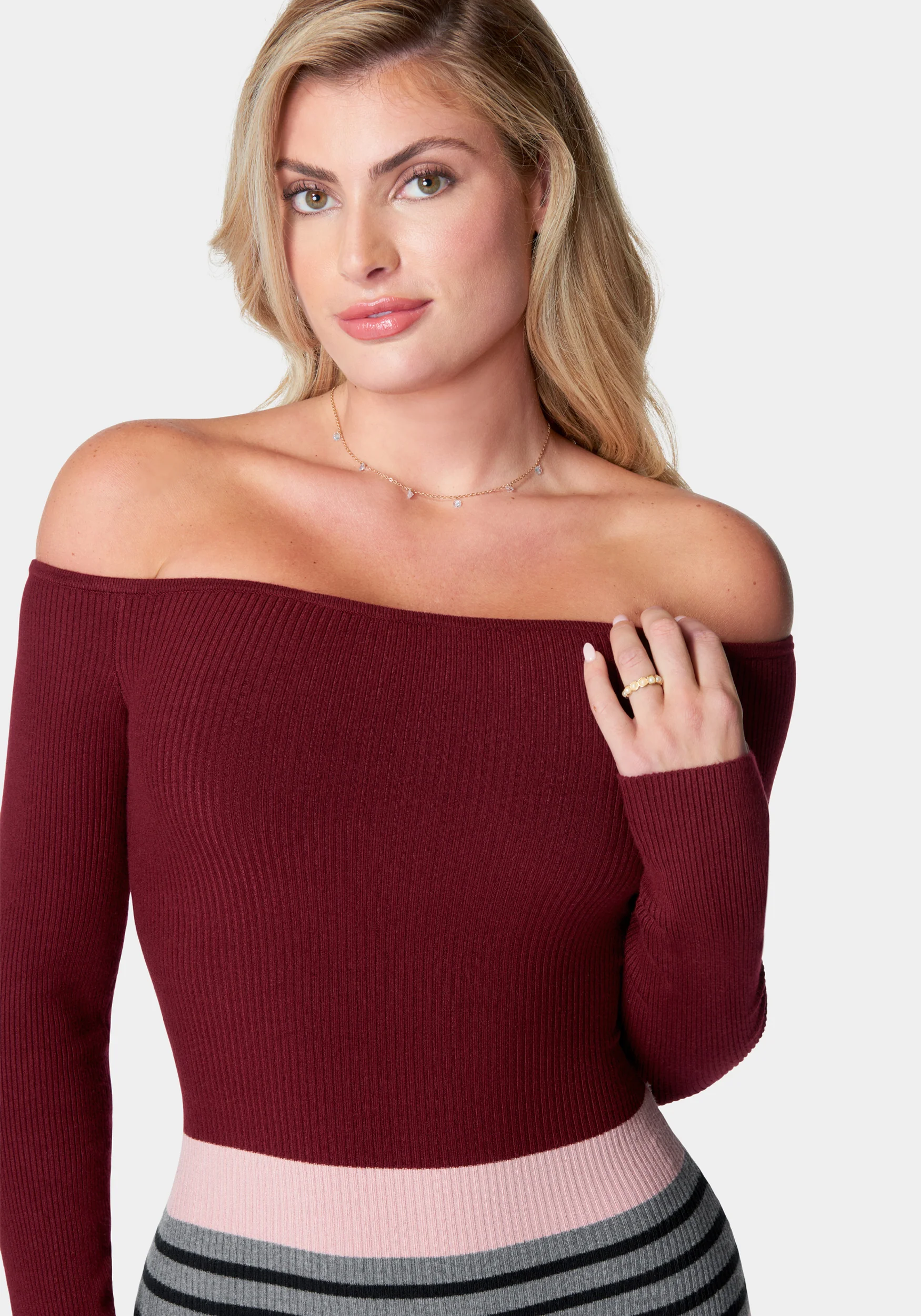 Off Shoulder Stripe Midi Dress - Image 4