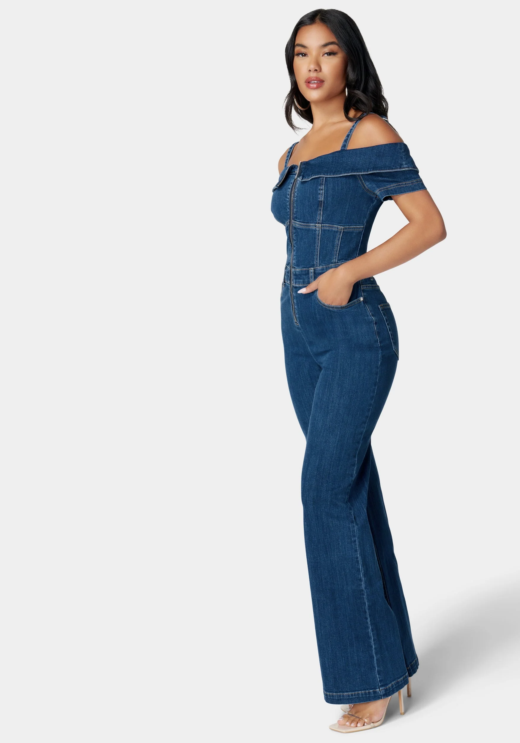 Off Shoulder Zip Front Wide Leg Denim Jumpsuit - Image 2