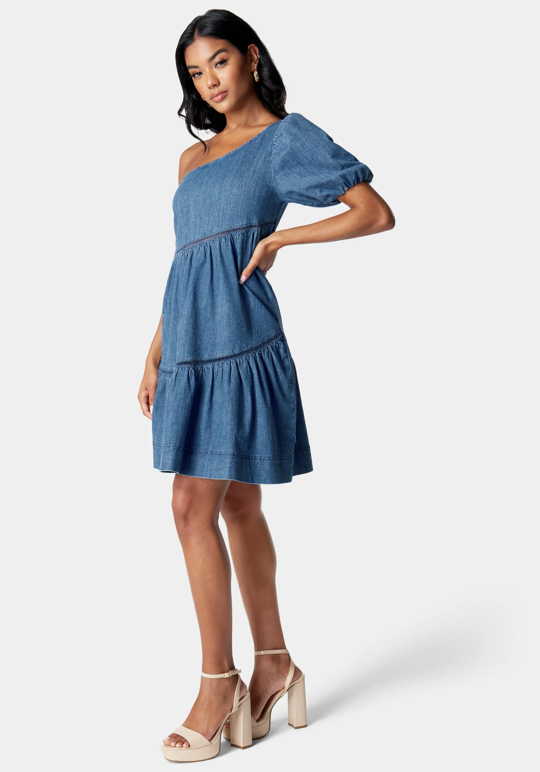 One Shoulder Asymmetric A Line Denim Dress - Image 2