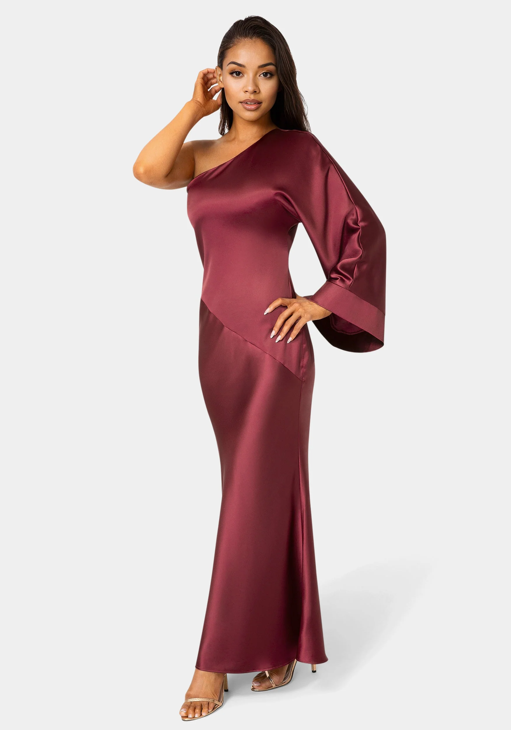 One Shoulder Bell Sleeve Satin Maxi Dress - Image 2