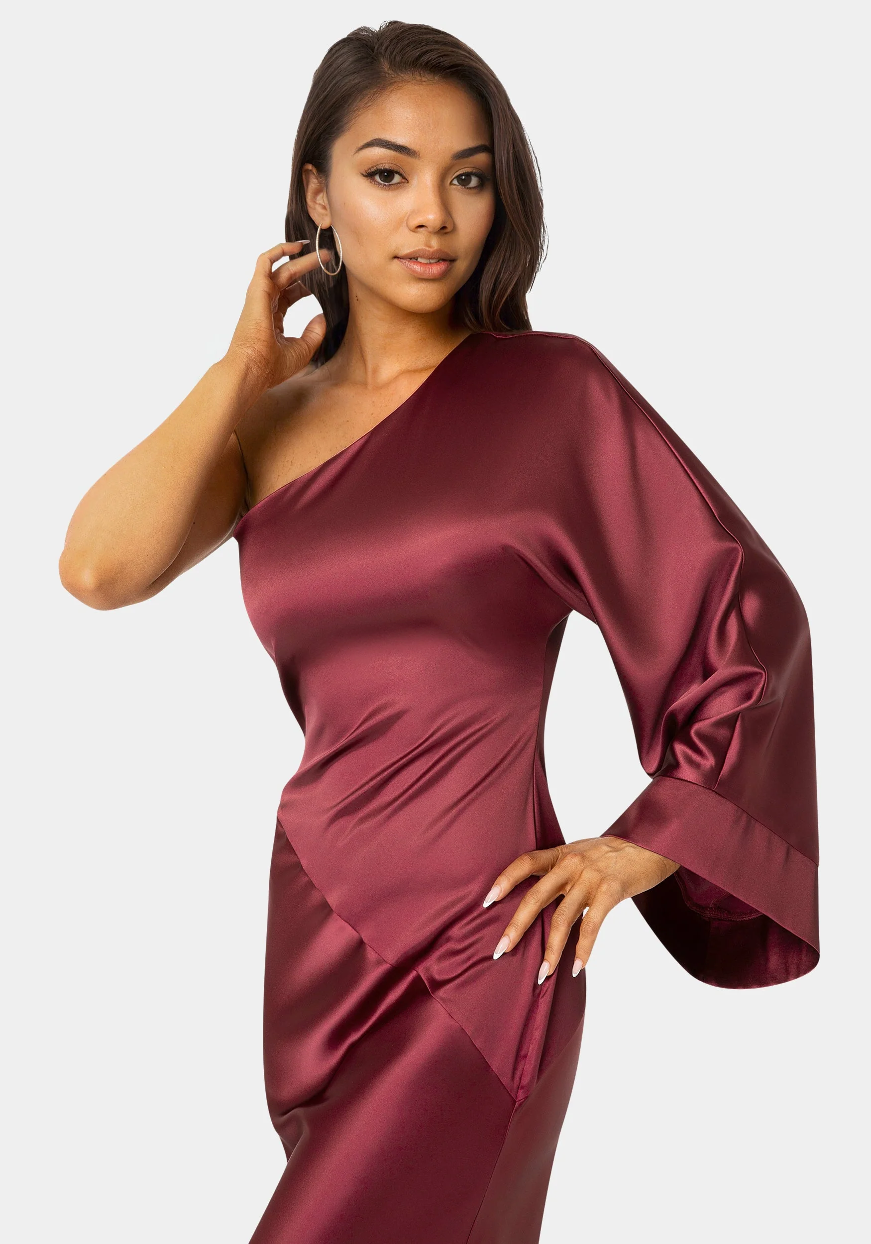 One Shoulder Bell Sleeve Satin Maxi Dress - Image 4