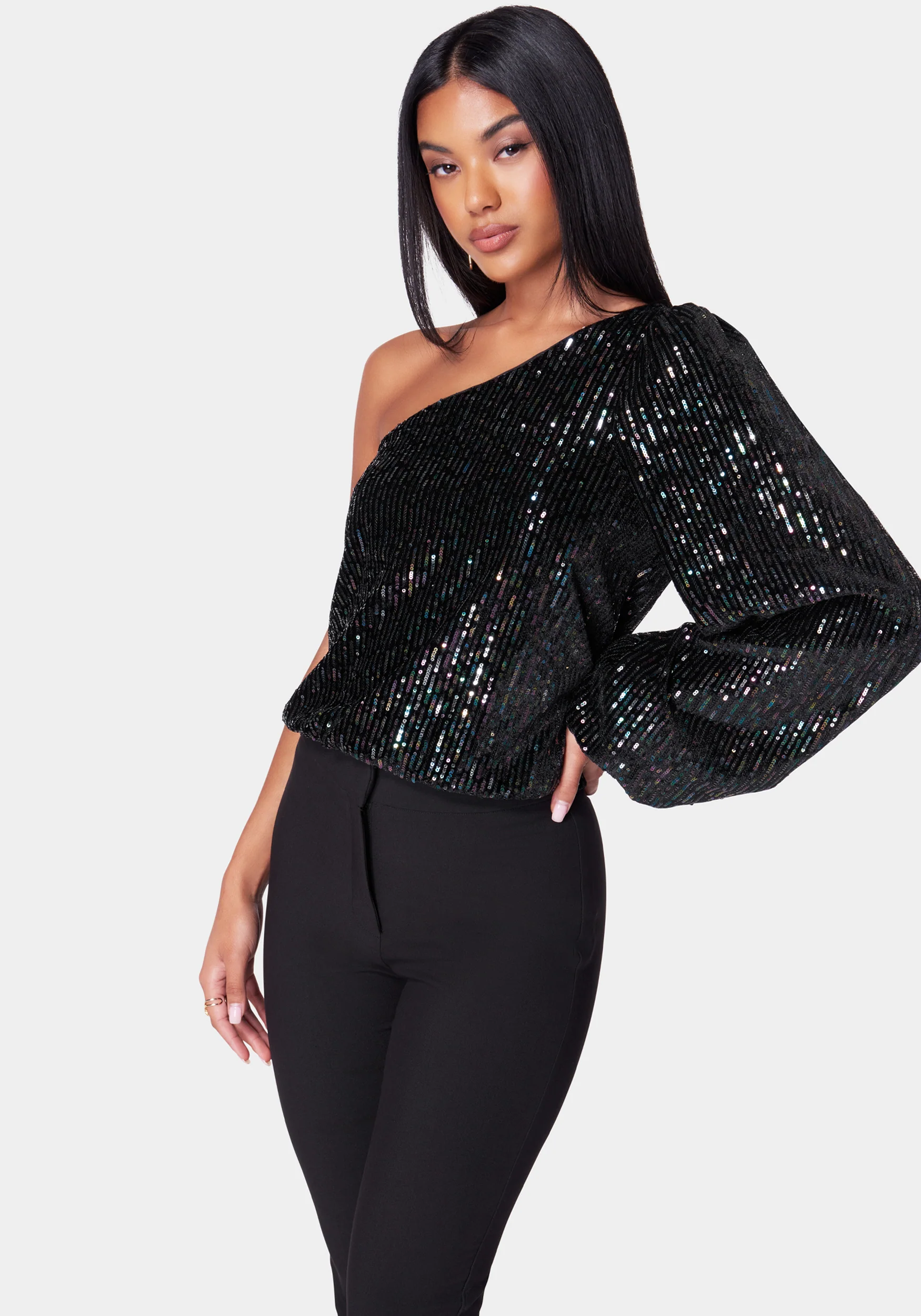 One Shoulder Multi Color Balloon Sleeve Blouse - Image 2