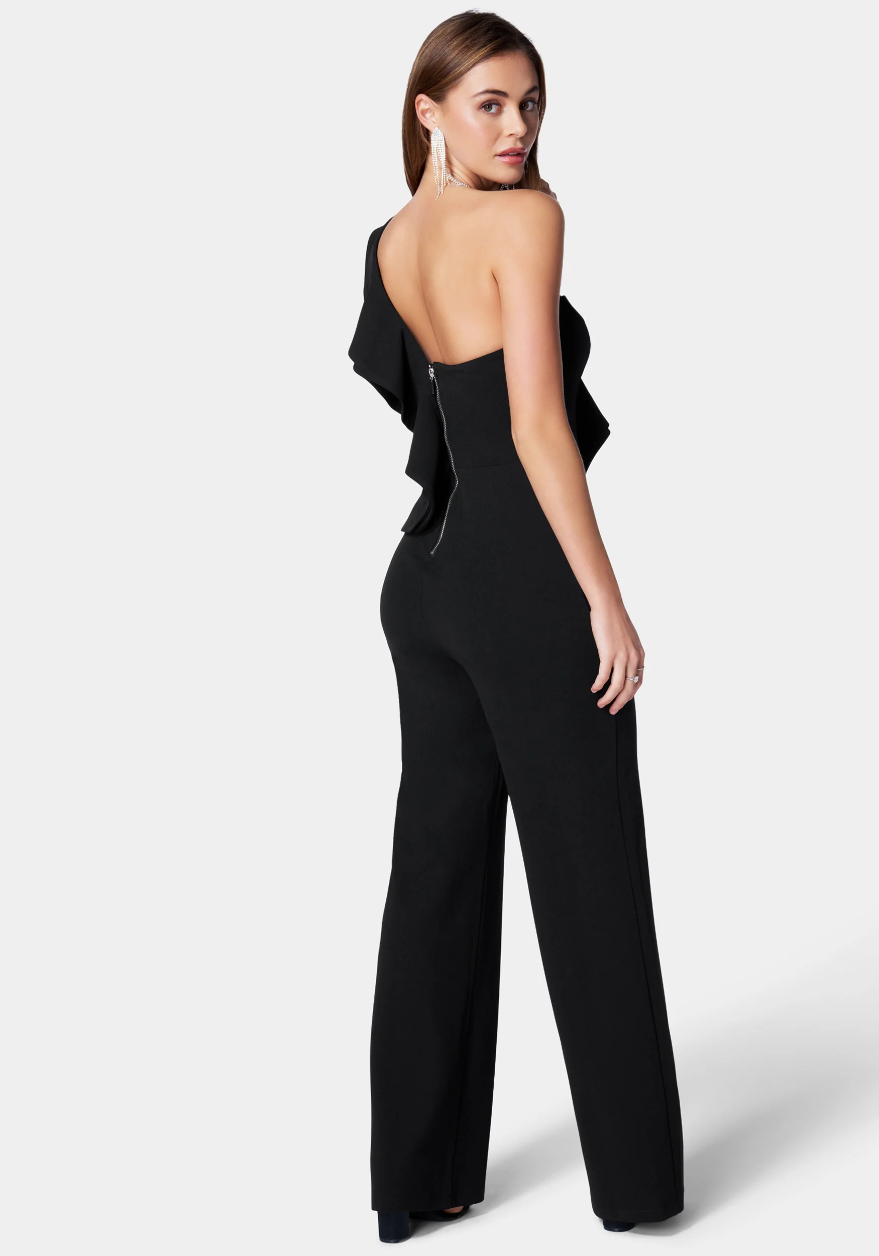 One Shoulder Ruffle Crepe Jumpsuit - Image 3