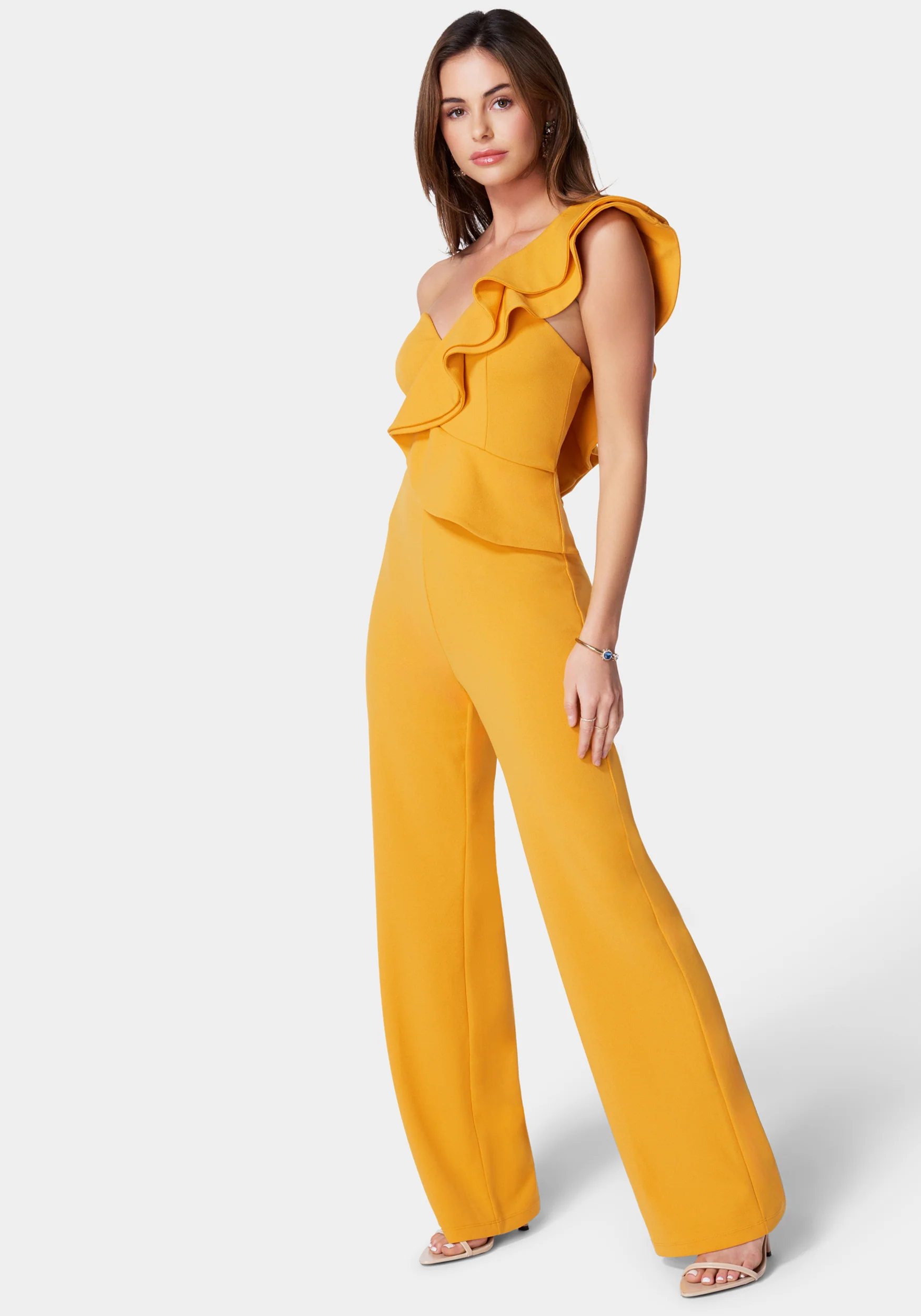 One Shoulder Ruffle Crepe Jumpsuit - Image 2