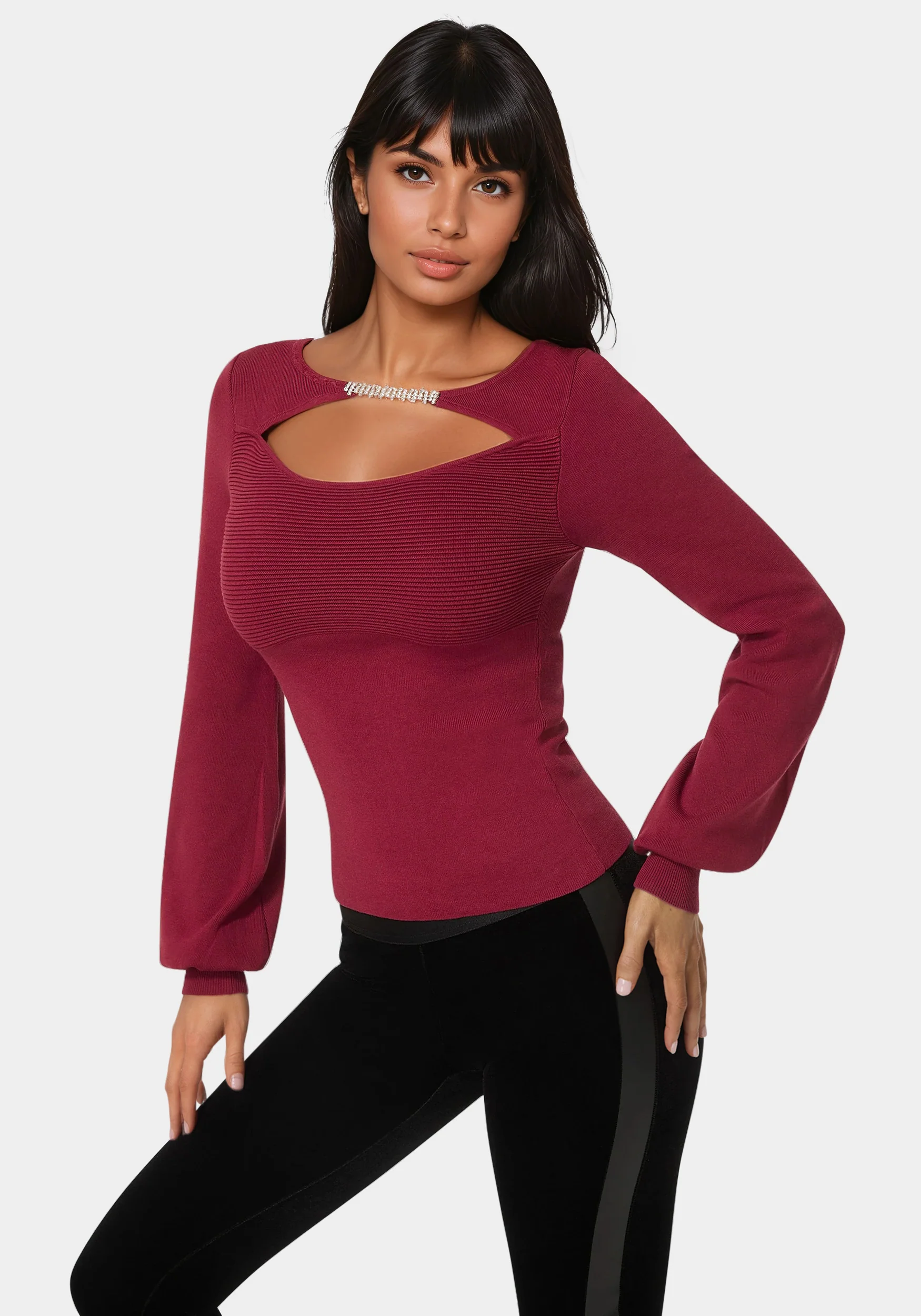 Open Neck Rhinestone Trim Sweater - Image 2