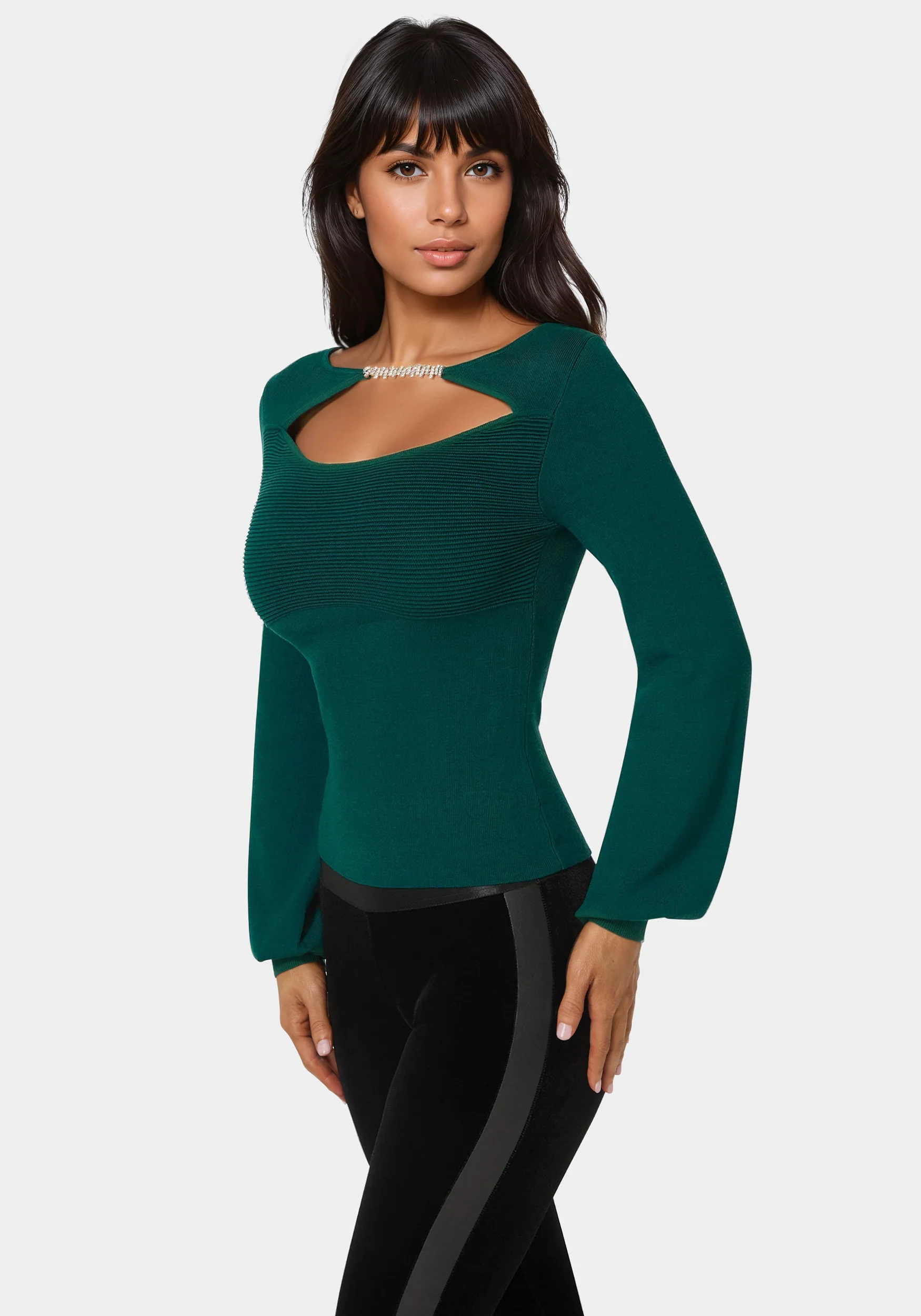 Open Neck Rhinestone Trim Sweater - Image 2