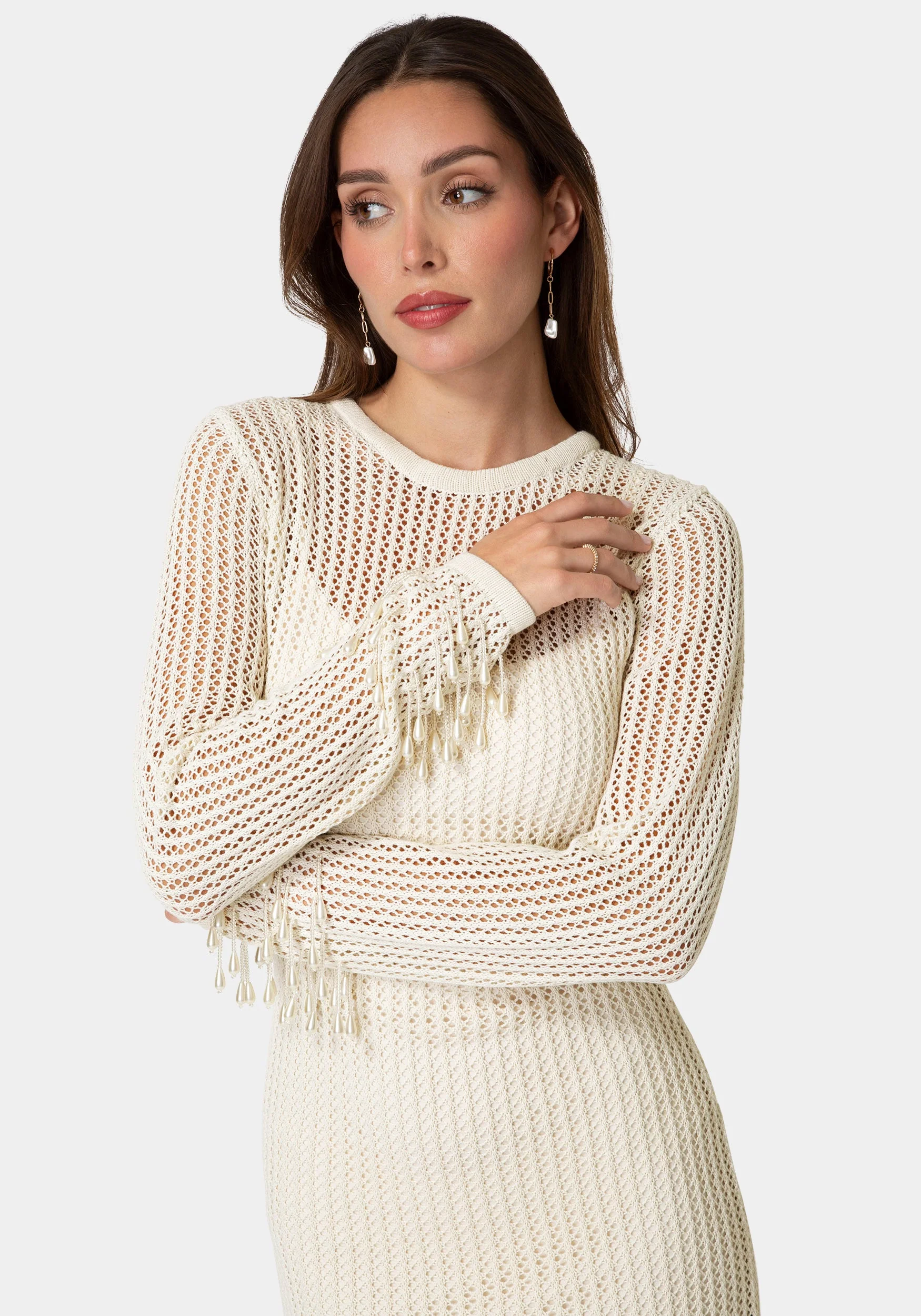 Pearl Embellished Crochet Mini Dress - Image 4