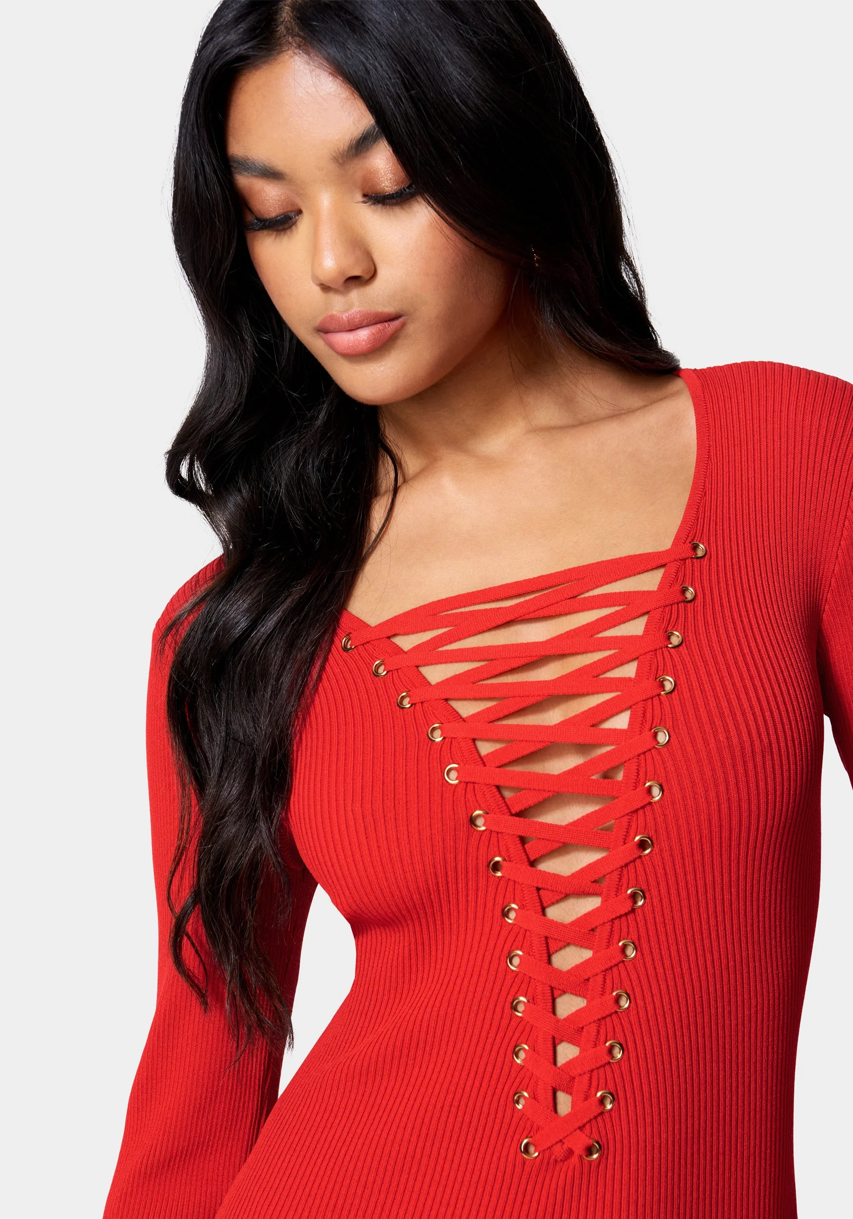Plunge Neck Lace Up Sweater Dress - Image 4