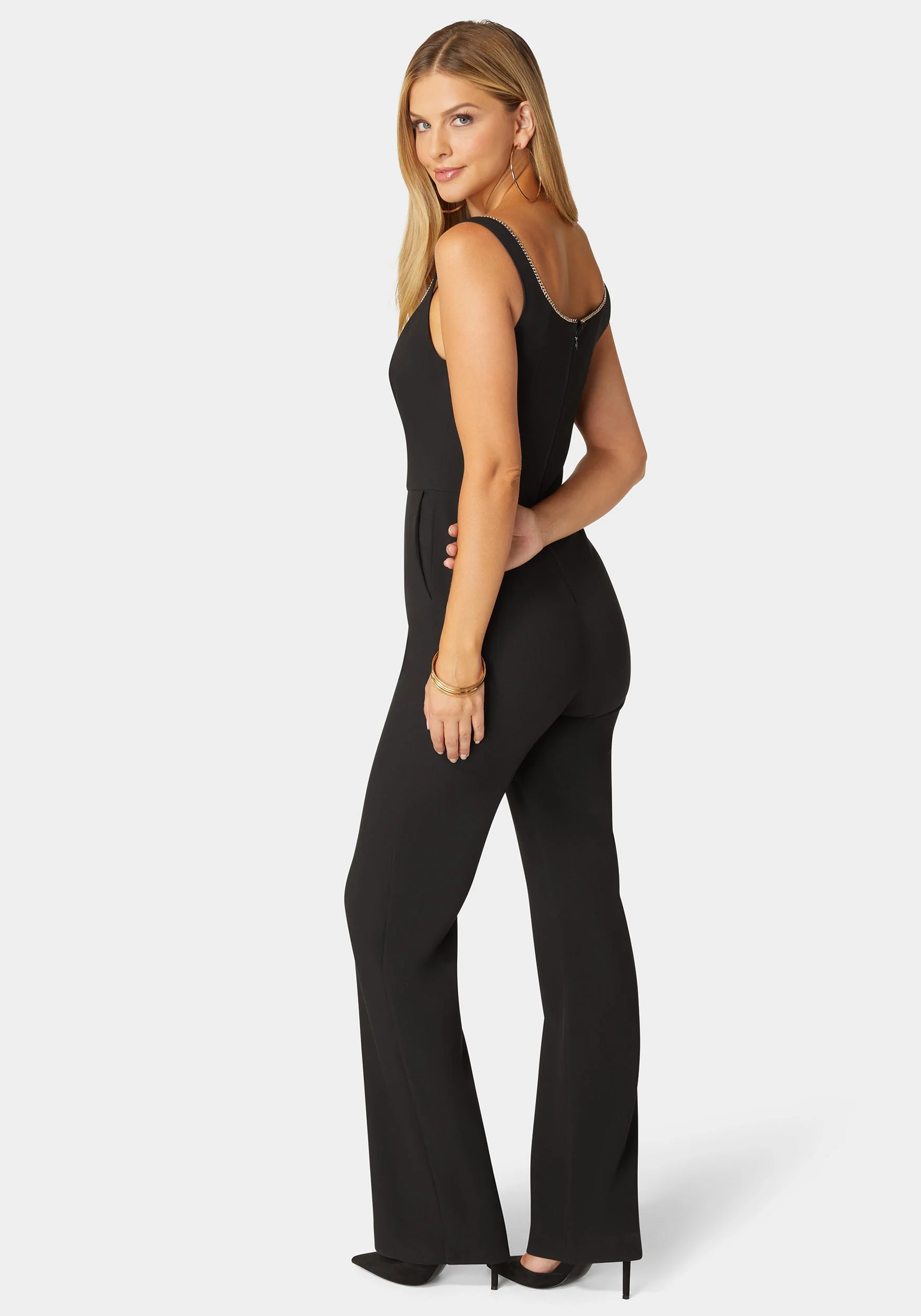 Plunging U Neck Chain Detail Wide Leg Jumpsuit - Image 2