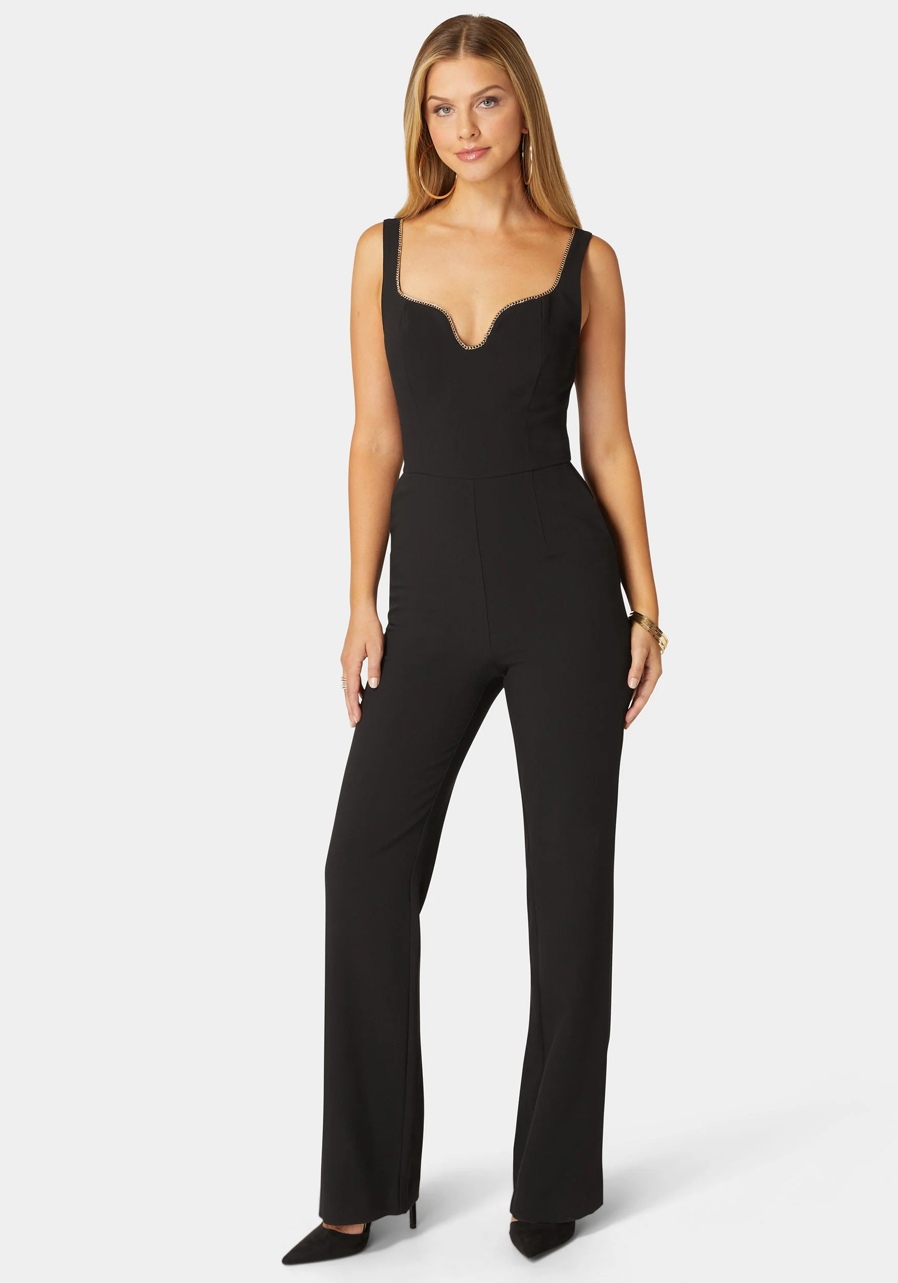 Plunging U Neck Chain Detail Wide Leg Jumpsuit - Image 4