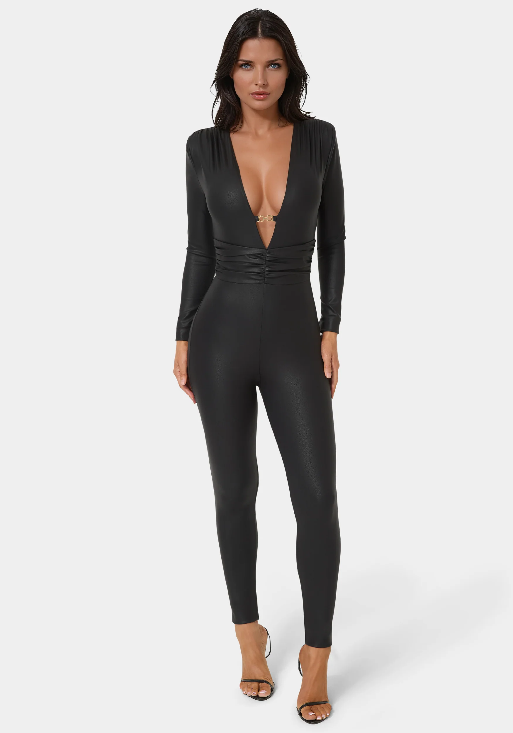 Plunging V-Neck Metal Trim Detail Catsuit