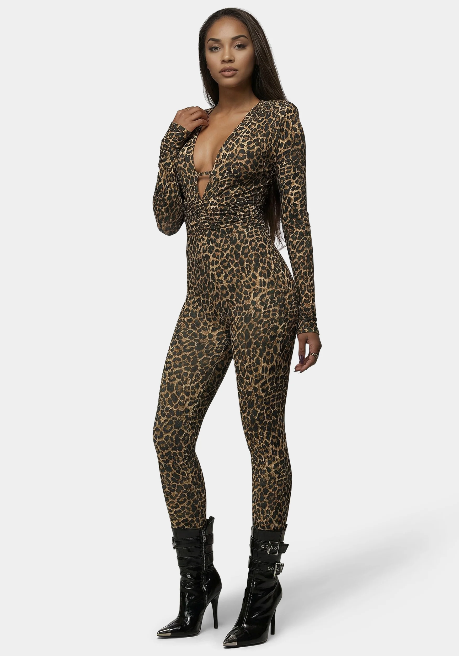 Plunging V-Neck Metal Trim Detail Printed Catsuit