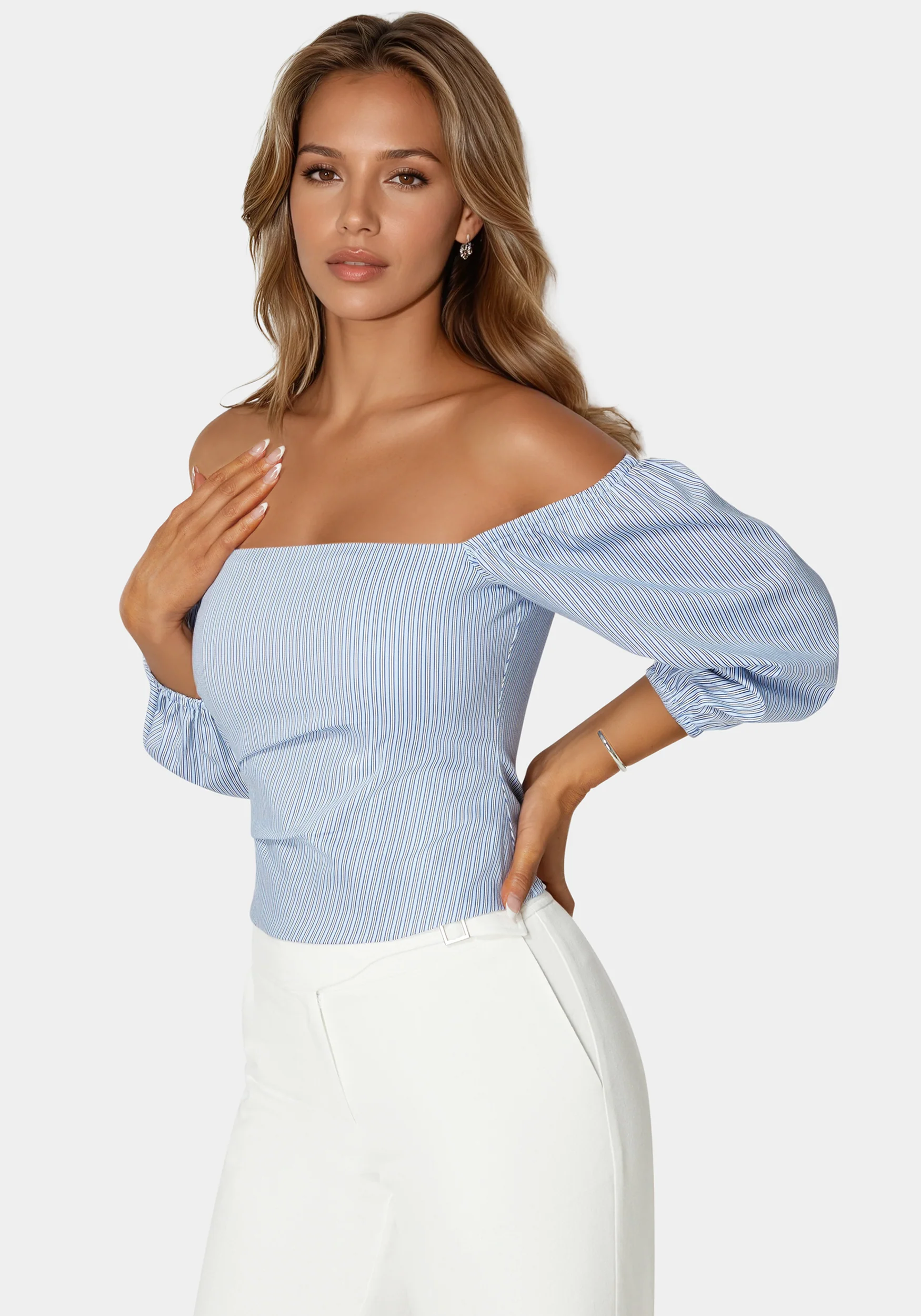 Poplin Bubble Sleeve Off Shoulder Draped Top - Image 2