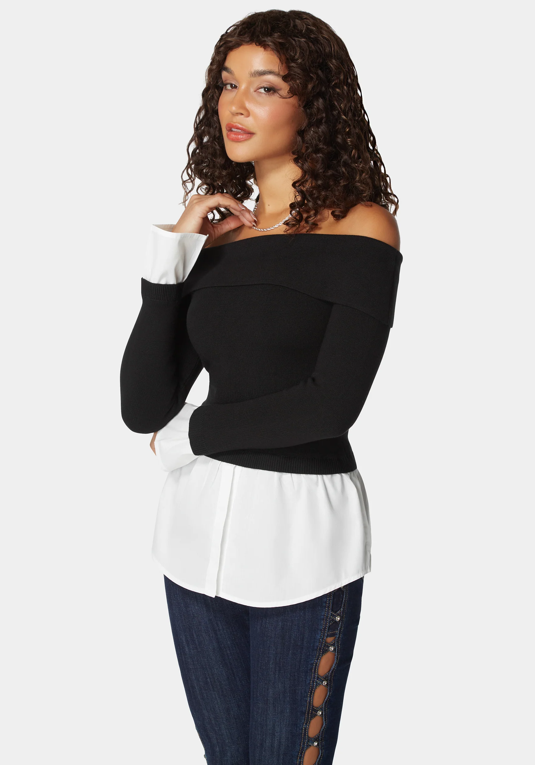 Poplin Combo Fold Over Off Shoulder Sweater Top - Image 2