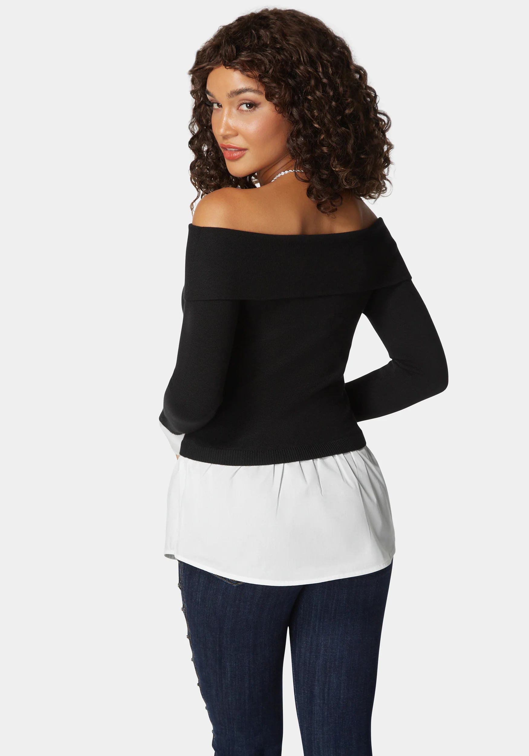 Poplin Combo Fold Over Off Shoulder Sweater Top - Image 3