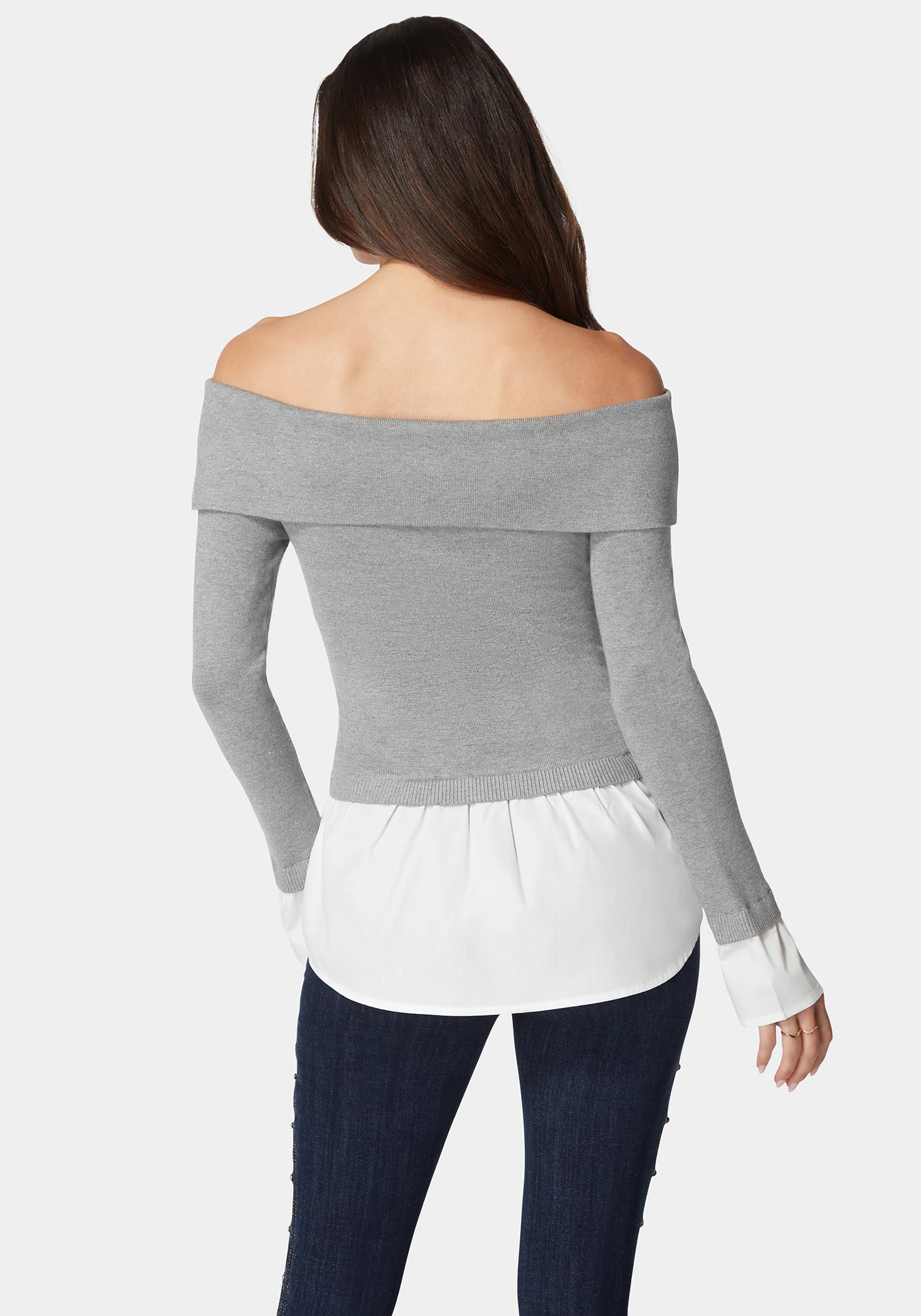 Poplin Combo Fold Over Off Shoulder Sweater Top - Image 3